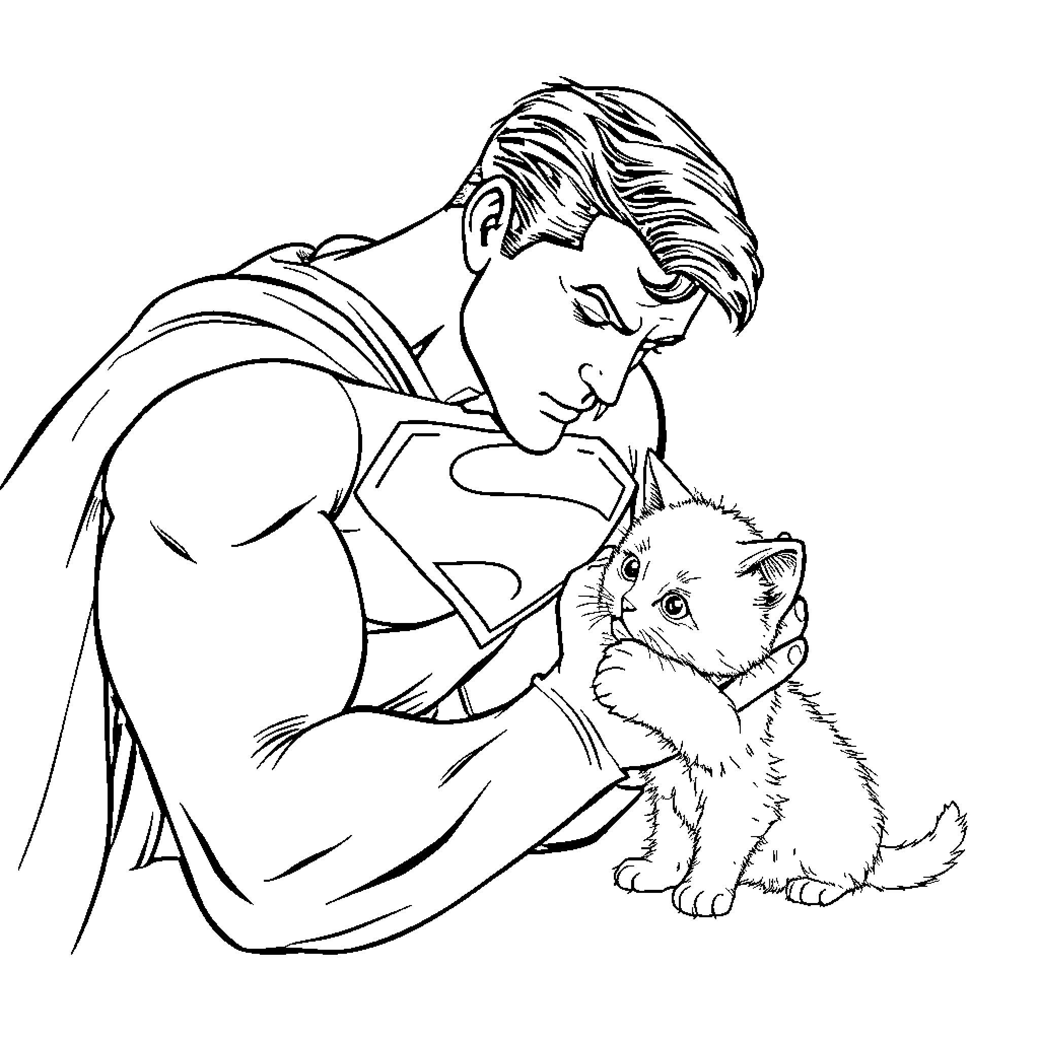 Superman Comforting Adorable Puppy Coloring Page (free black-and-white line drawing printable PDF for all, from beginners to advanced learners, including children, teens, adults, and seniors)
