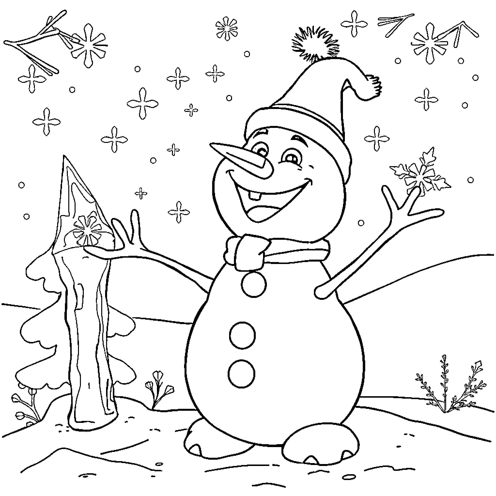 Frozen Joyful Snowman in Snowy Wonderland Coloring Page (free black-and-white line drawing printable PDF for all, from beginners to advanced learners, including children, teens, adults, and seniors)