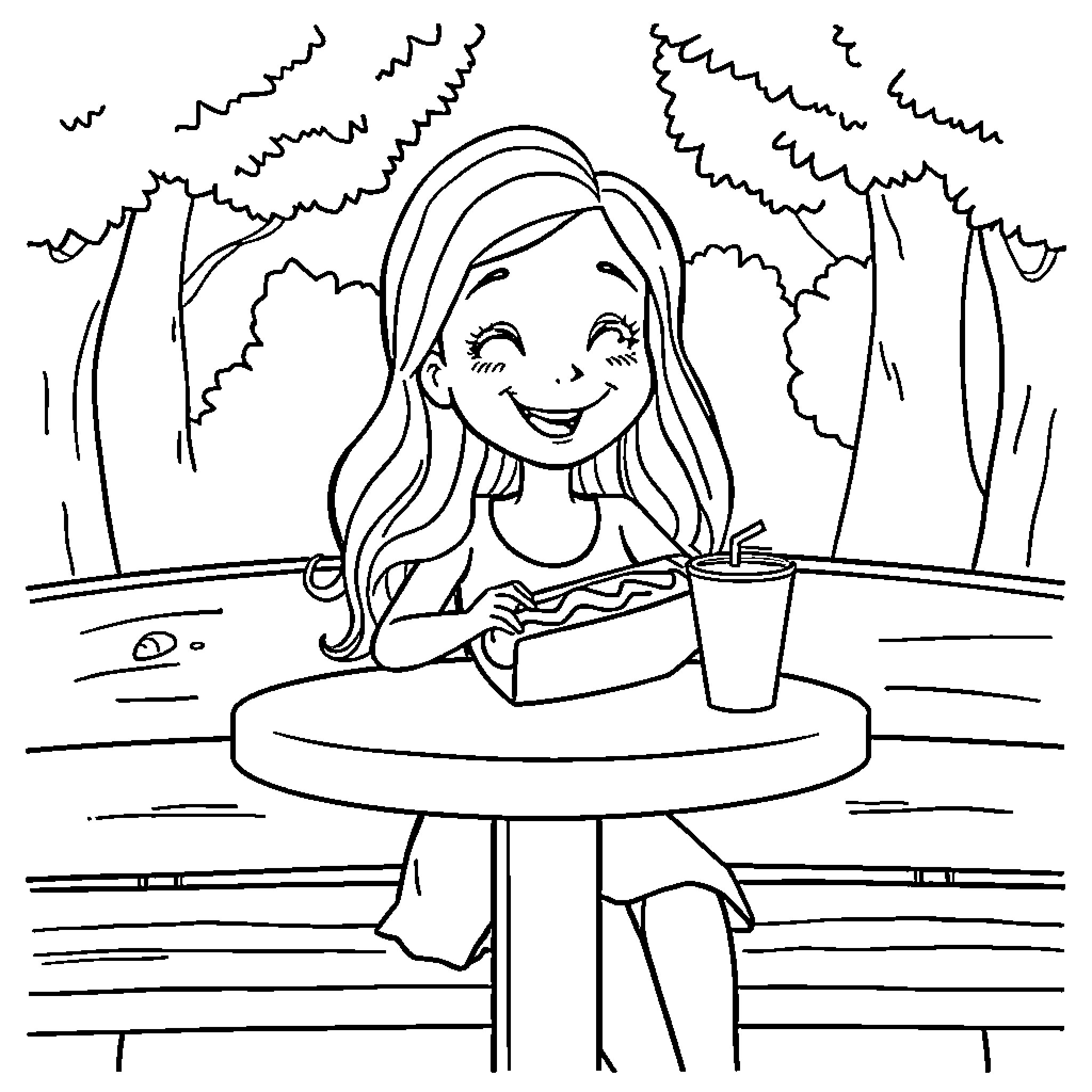 Girl happily enjoying her snack outdoors Coloring Page (free black-and-white line drawing printable PDF for all, from beginners to advanced learners, including children, teens, adults, and seniors)
