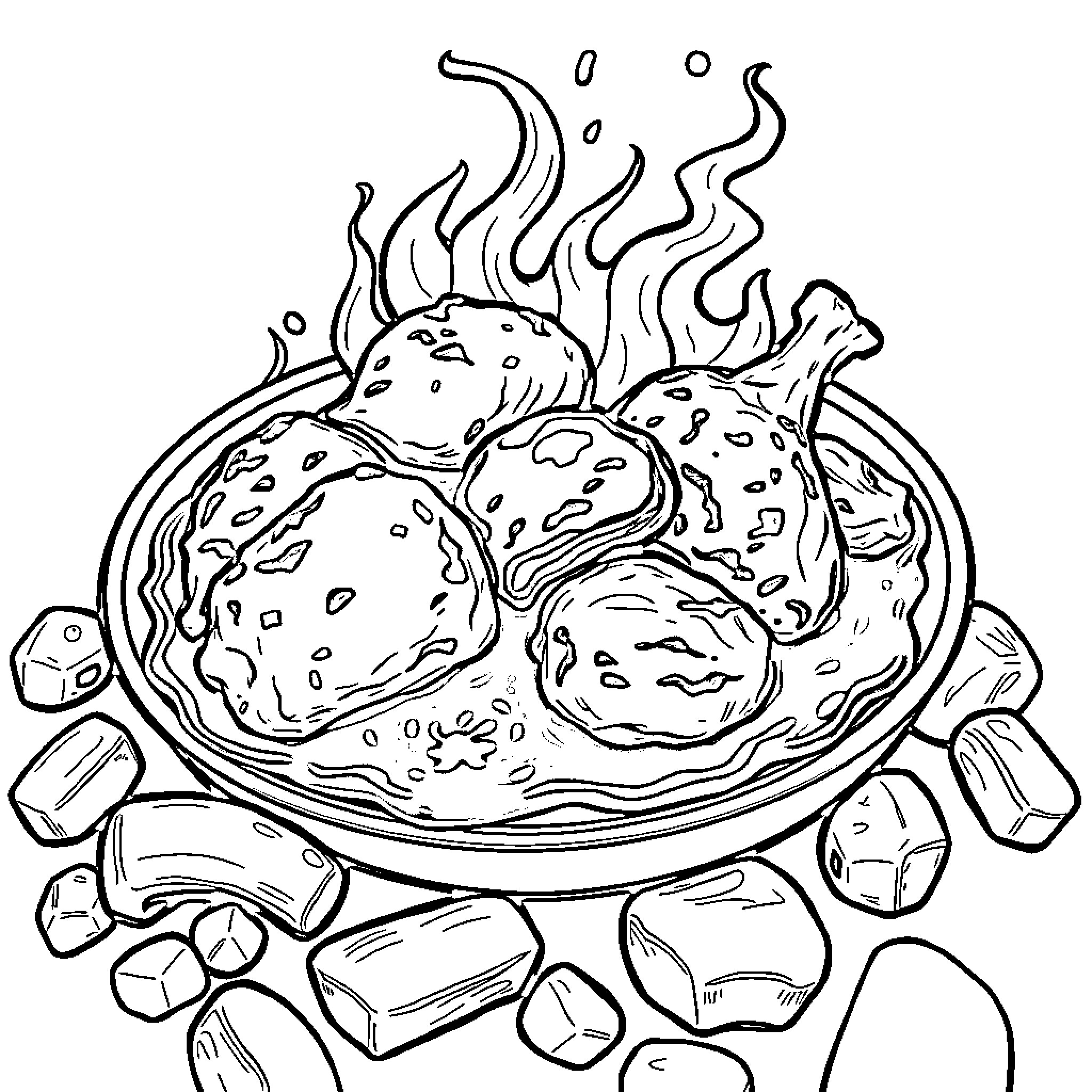 Lava Chicken Sizzling on Rocks Coloring Page (free black-and-white line drawing printable PDF for all, from beginners to advanced learners, including children, teens, adults, and seniors)