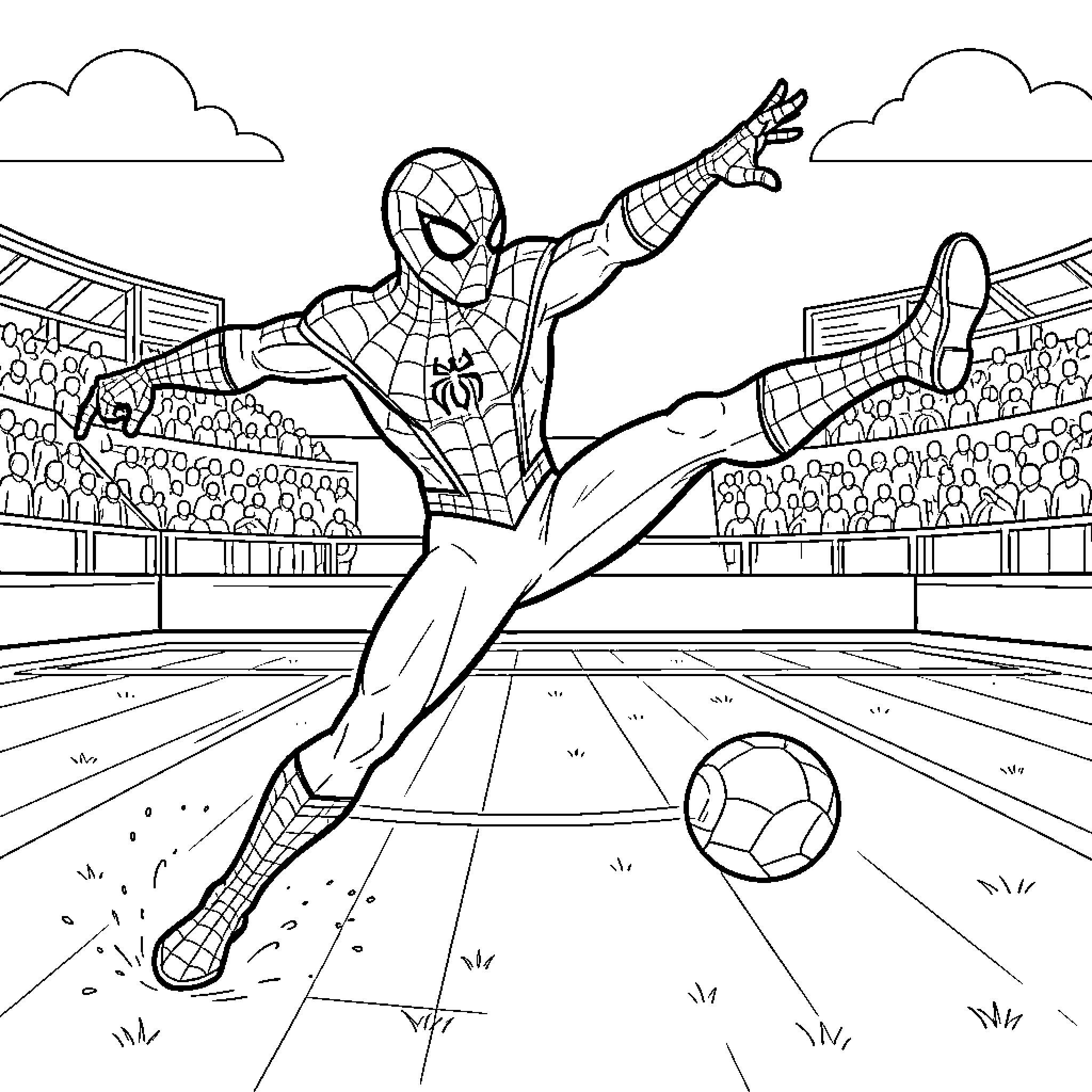 Spiderman kicking a soccer ball in a stadium Coloring Page (free black-and-white line drawing printable PDF for all, from beginners to advanced learners, including children, teens, adults, and seniors)