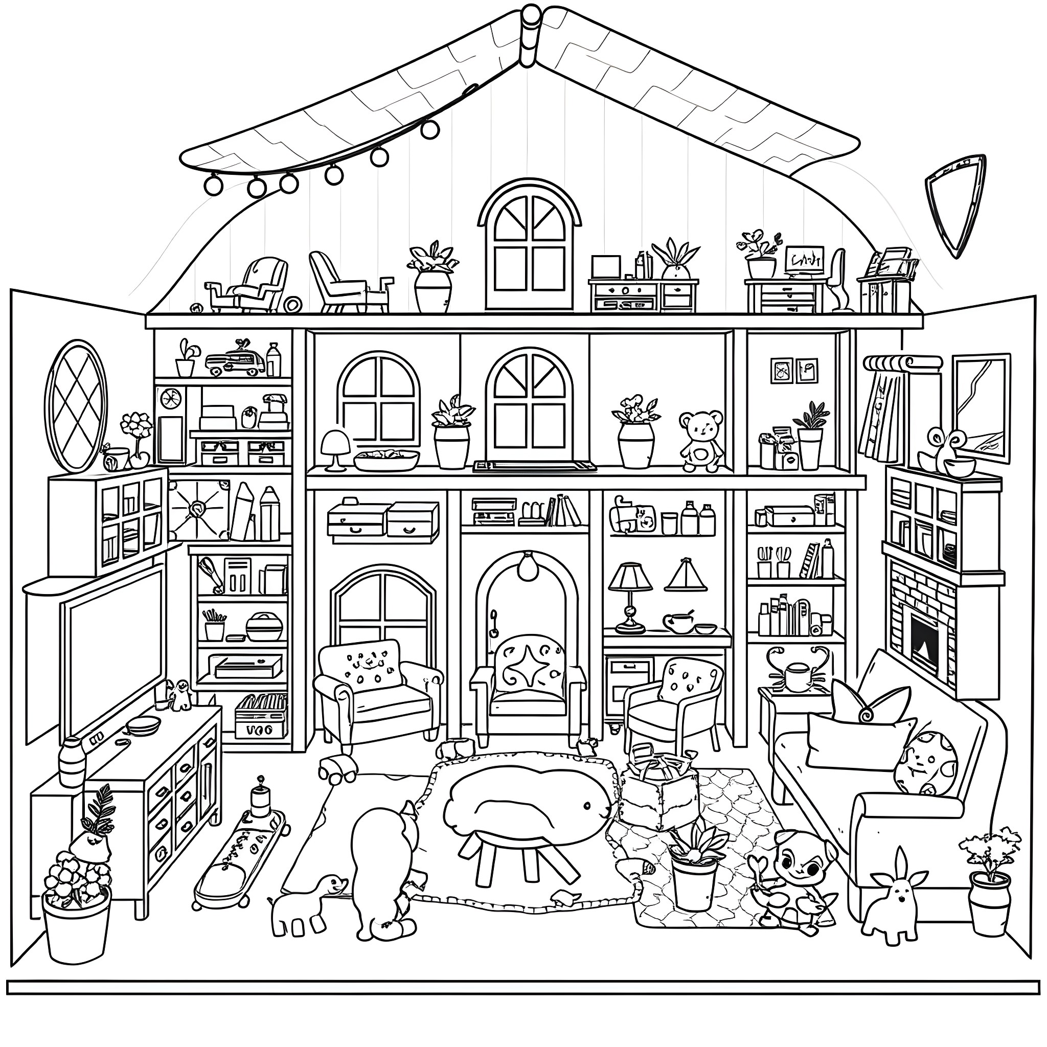 Dollhouse filled with various toys and furnishings Coloring Page (free black-and-white line drawing printable PDF for all, from beginners to advanced learners, including children, teens, adults, and seniors)