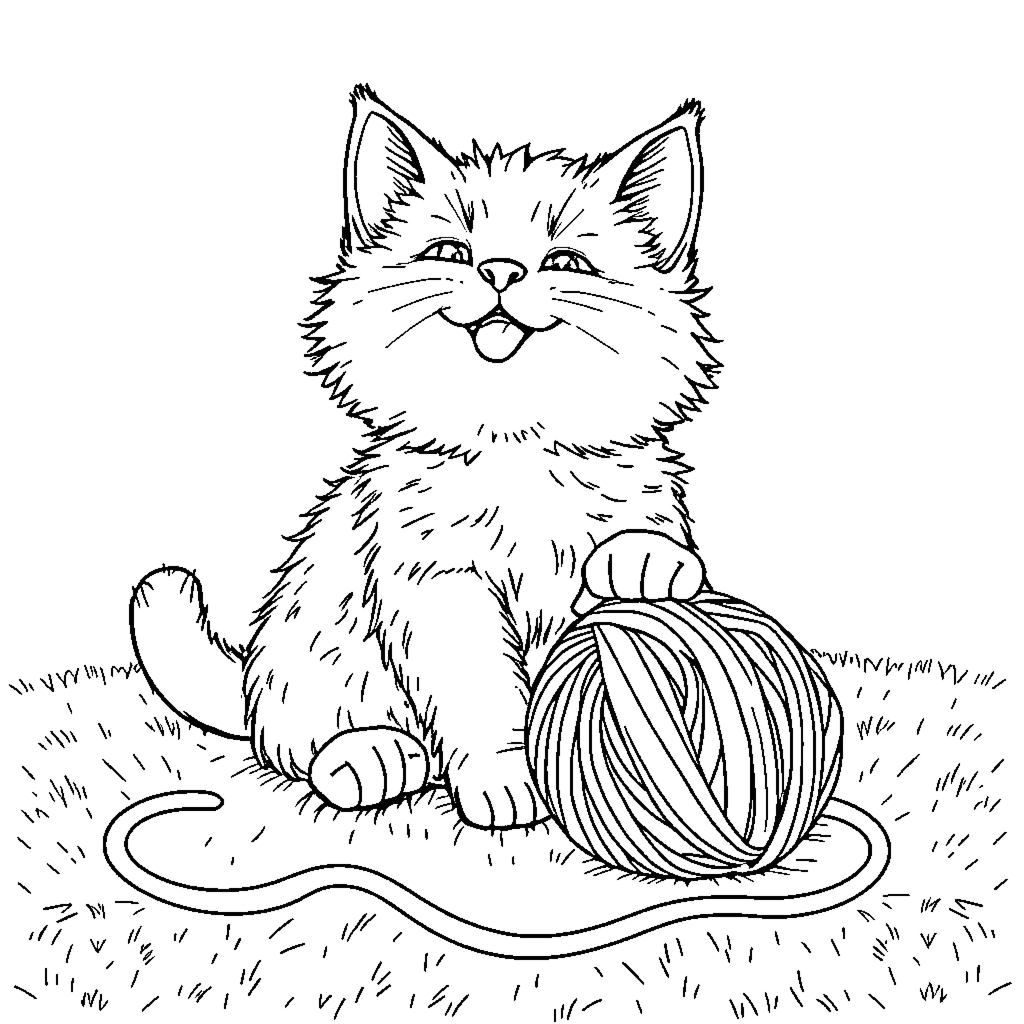 Cat playing with yarn on the ground Coloring Page (free black-and-white line drawing printable PDF for all, from beginners to advanced learners, including children, teens, adults, and seniors)