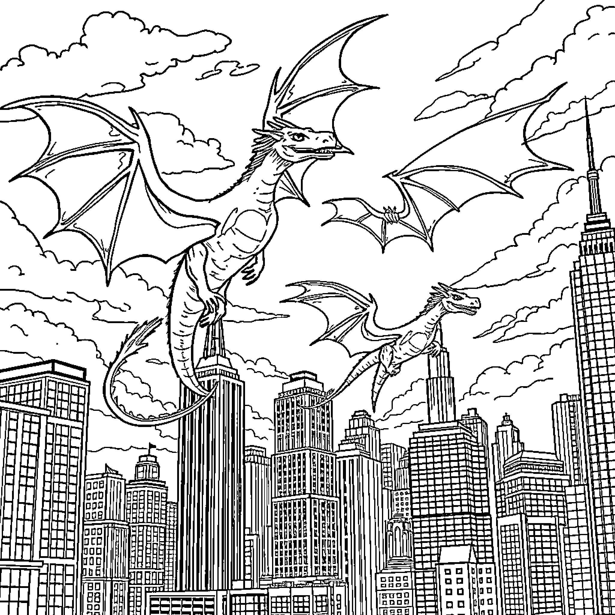 Dragons soaring over the city skyline Coloring Page (free black-and-white line drawing printable PDF for all, from beginners to advanced learners, including children, teens, adults, and seniors)