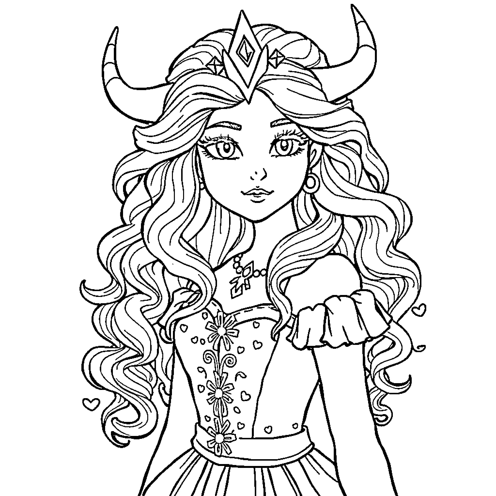 Princess with Flowing Hair and Horned Headpiece Coloring Page (free black-and-white line drawing printable PDF for all, from beginners to advanced learners, including children, teens, adults, and seniors)