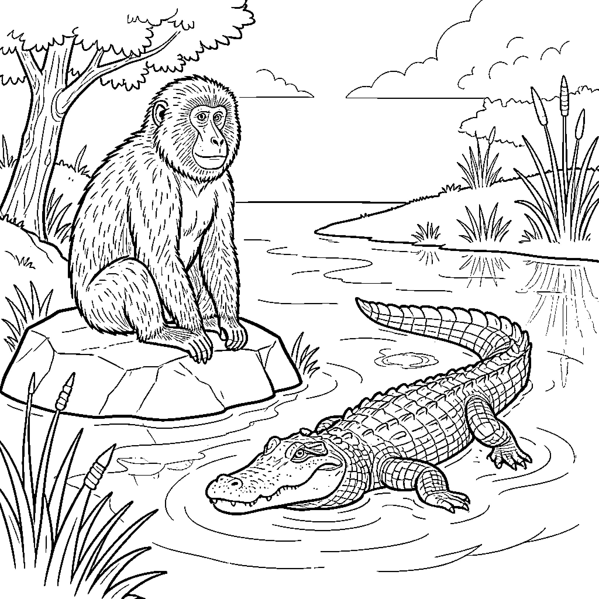 Baboon observing crocodile in natural habitat Coloring Page (free black-and-white line drawing printable PDF for all, from beginners to advanced learners, including children, teens, adults, and seniors)