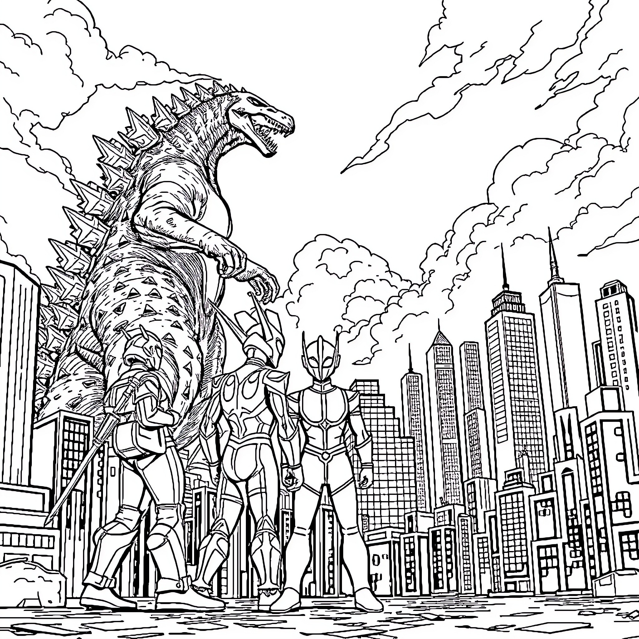 Ultraman heroes confront a giant monster in the city Coloring Page (free black-and-white line drawing printable PDF for all, from beginners to advanced learners, including children, teens, adults, and seniors)