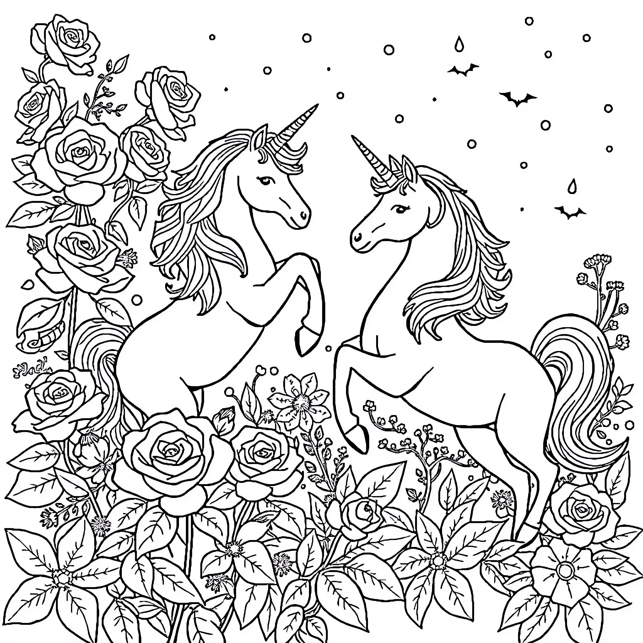 Rose Unicorns Amongst Floral Enchantment Coloring Page (free black-and-white line drawing printable PDF for all, from beginners to advanced learners, including children, teens, adults, and seniors)