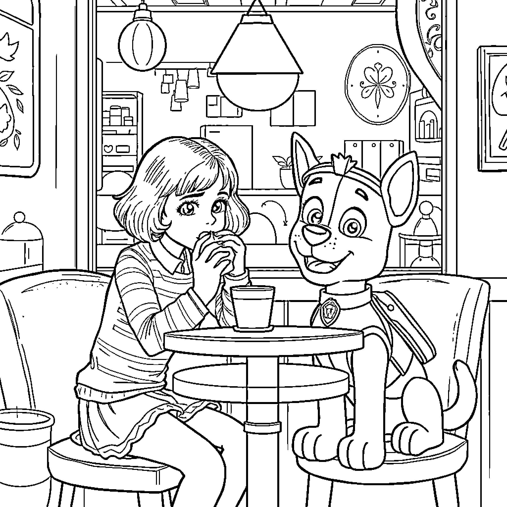 Eleven Sharing Snacks with Furry Friend Coloring Page (free black-and-white line drawing printable PDF for all, from beginners to advanced learners, including children, teens, adults, and seniors)