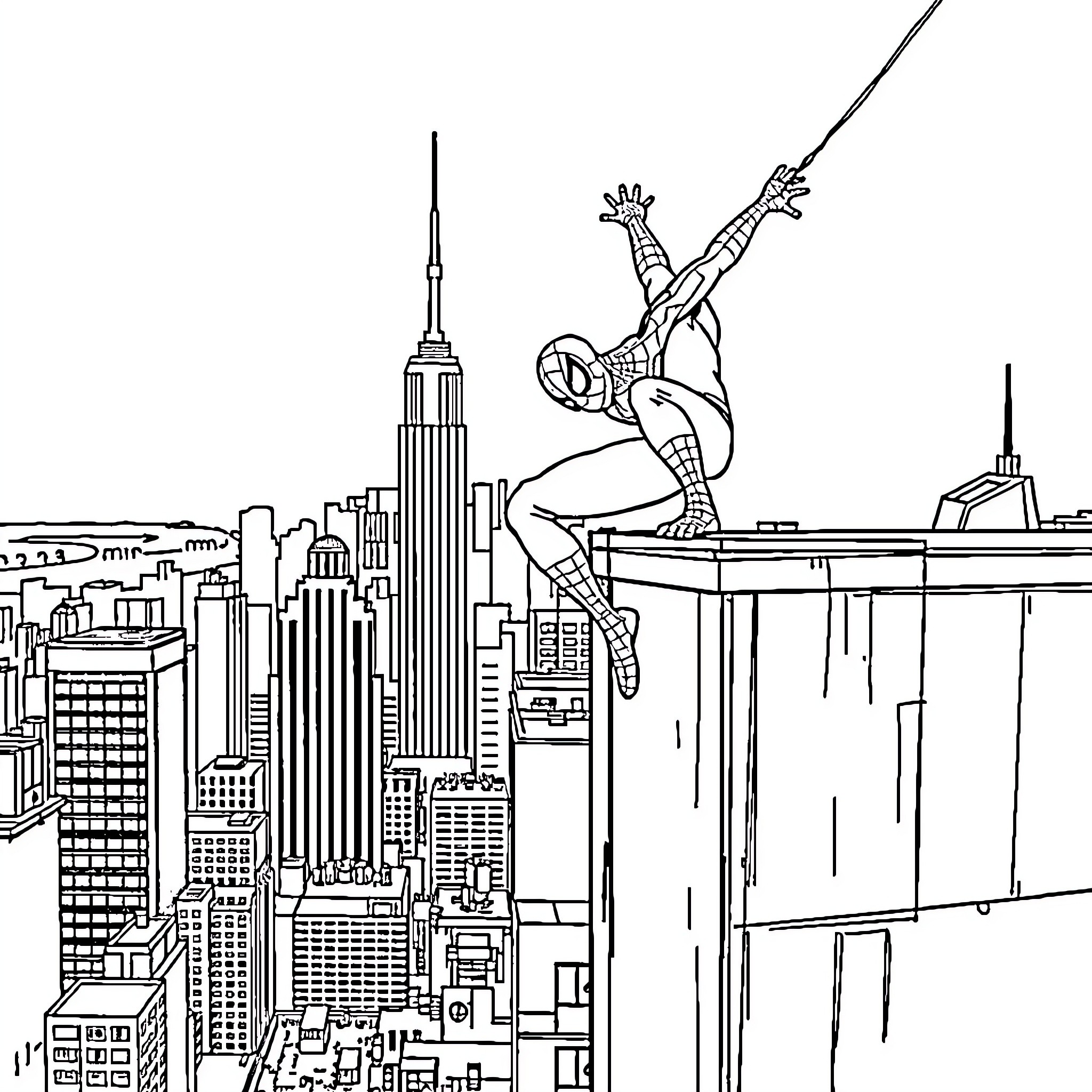Spiderman heroically swinging through the city skyline Coloring Page (free black-and-white line drawing printable PDF for all, from beginners to advanced learners, including children, teens, adults, and seniors)