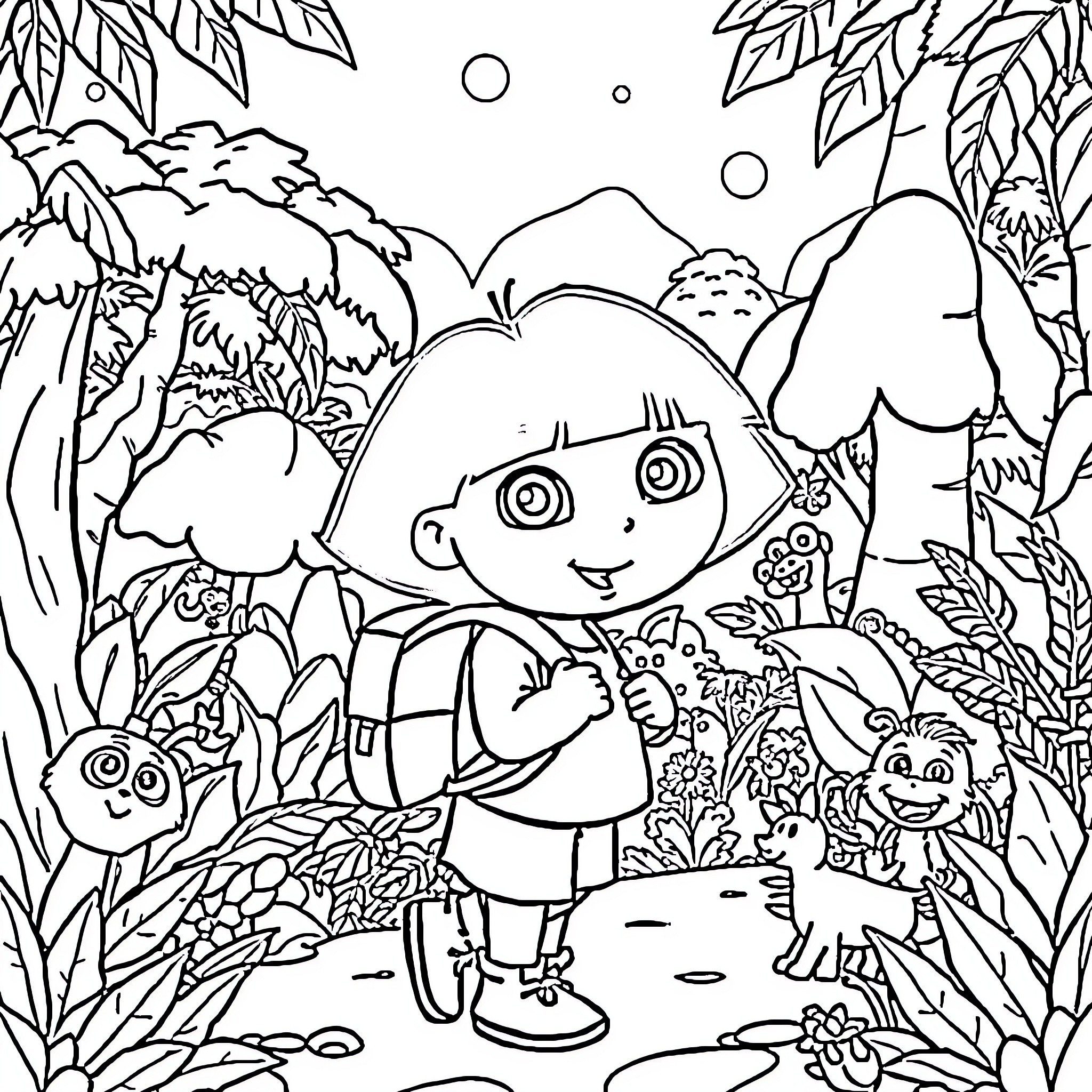 Dora exploring the enchanting jungle landscape Coloring Page (free black-and-white line drawing printable PDF for all, from beginners to advanced learners, including children, teens, adults, and seniors)