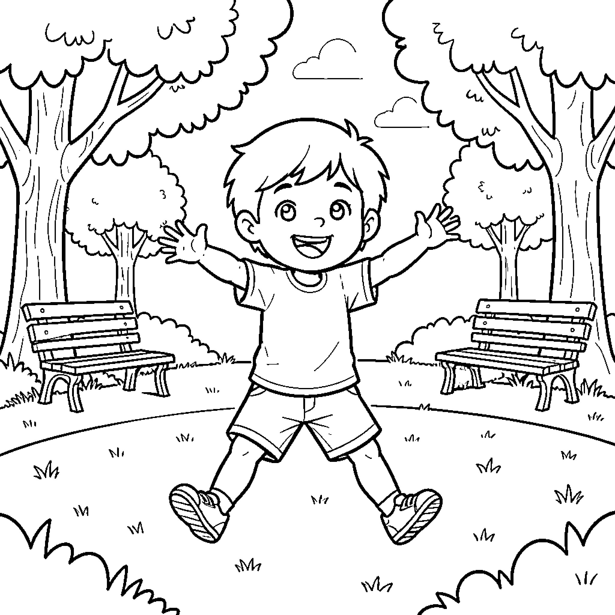 Kid jumping joyfully in a park setting Coloring Page (free black-and-white line drawing printable PDF for all, from beginners to advanced learners, including children, teens, adults, and seniors)