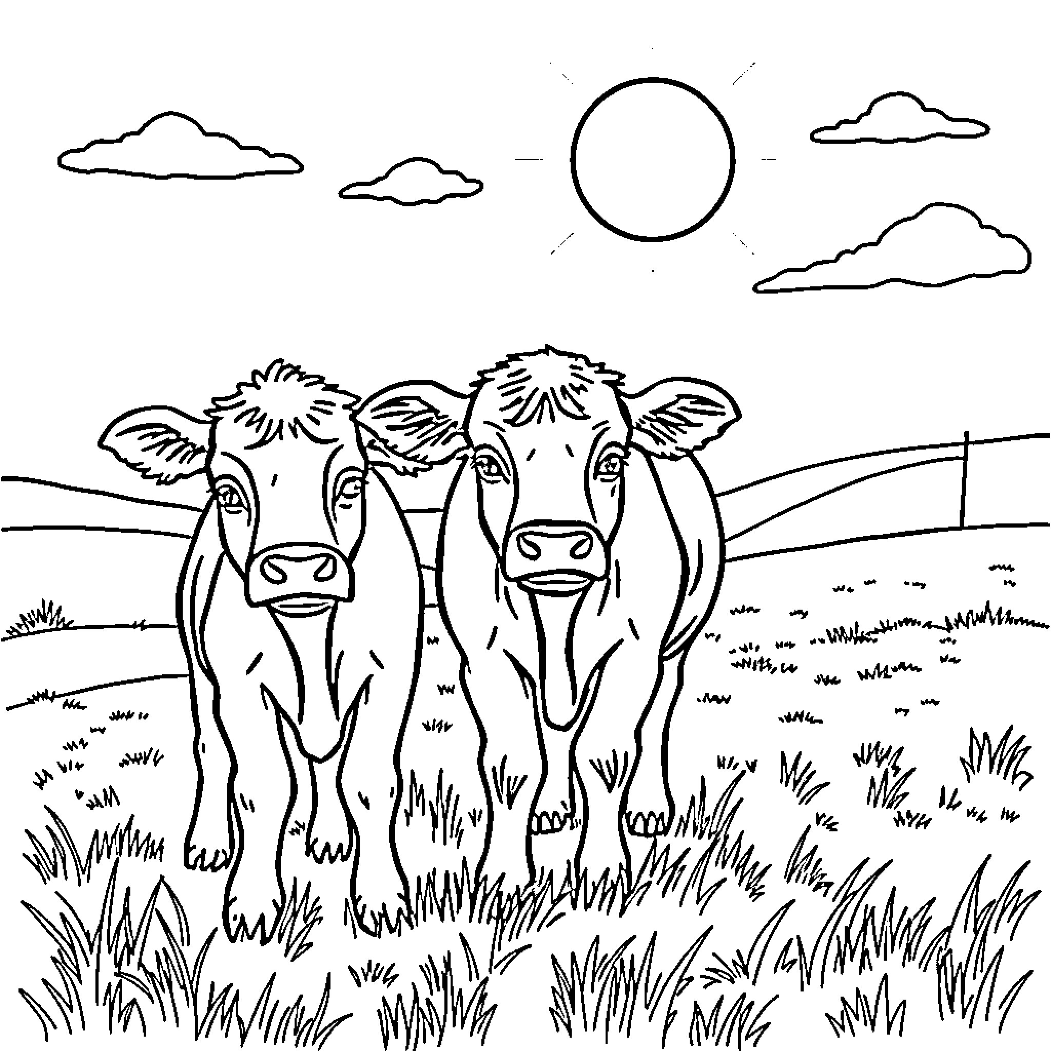 Highland Cows Grazing in Peaceful Pasture Coloring Page (free black-and-white line drawing printable PDF for all, from beginners to advanced learners, including children, teens, adults, and seniors)