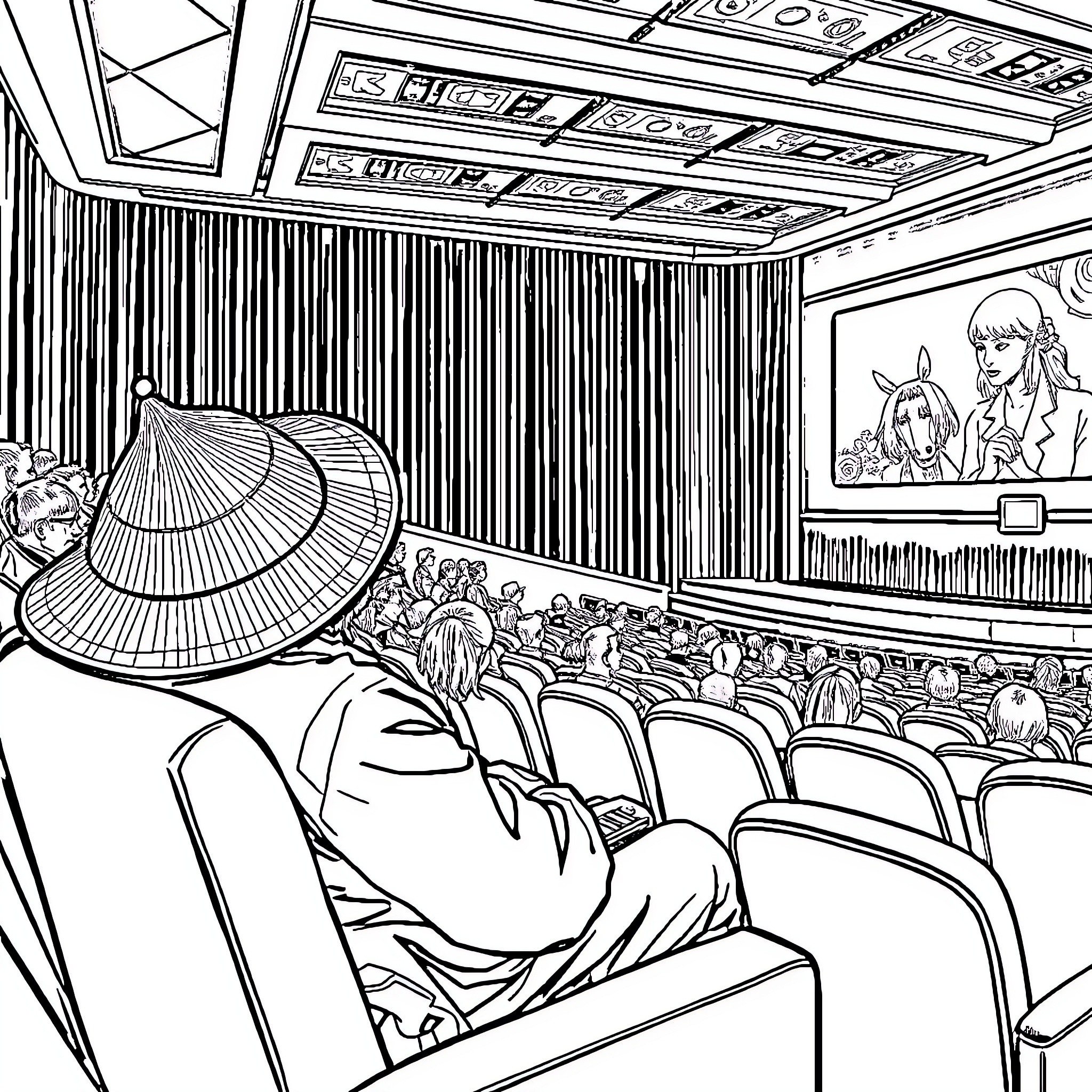 Straw Hat Crew Watching a Performance on Stage Coloring Page (free black-and-white line drawing printable PDF for all, from beginners to advanced learners, including children, teens, adults, and seniors)