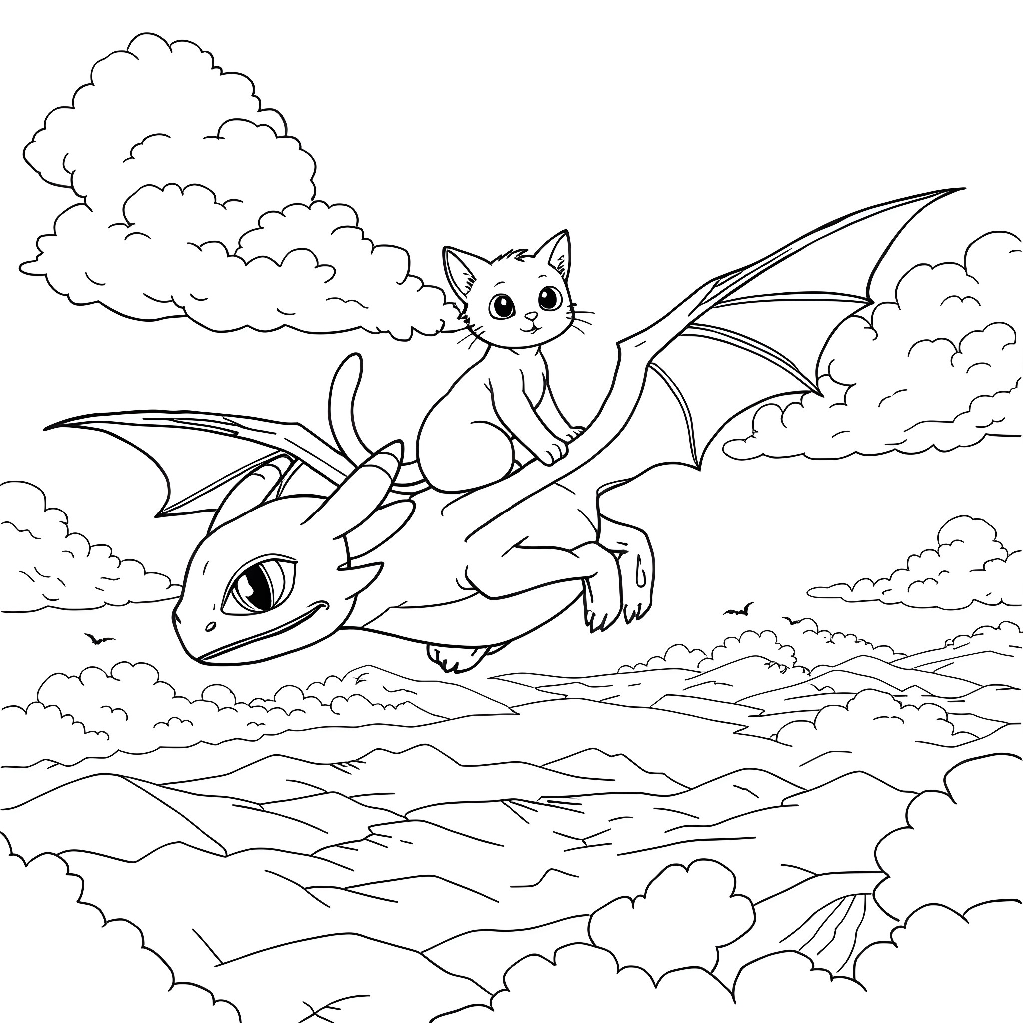 Cat and Dragon in Cloudy Skies Coloring Page (free black-and-white line drawing printable PDF for all, from beginners to advanced learners, including children, teens, adults, and seniors)