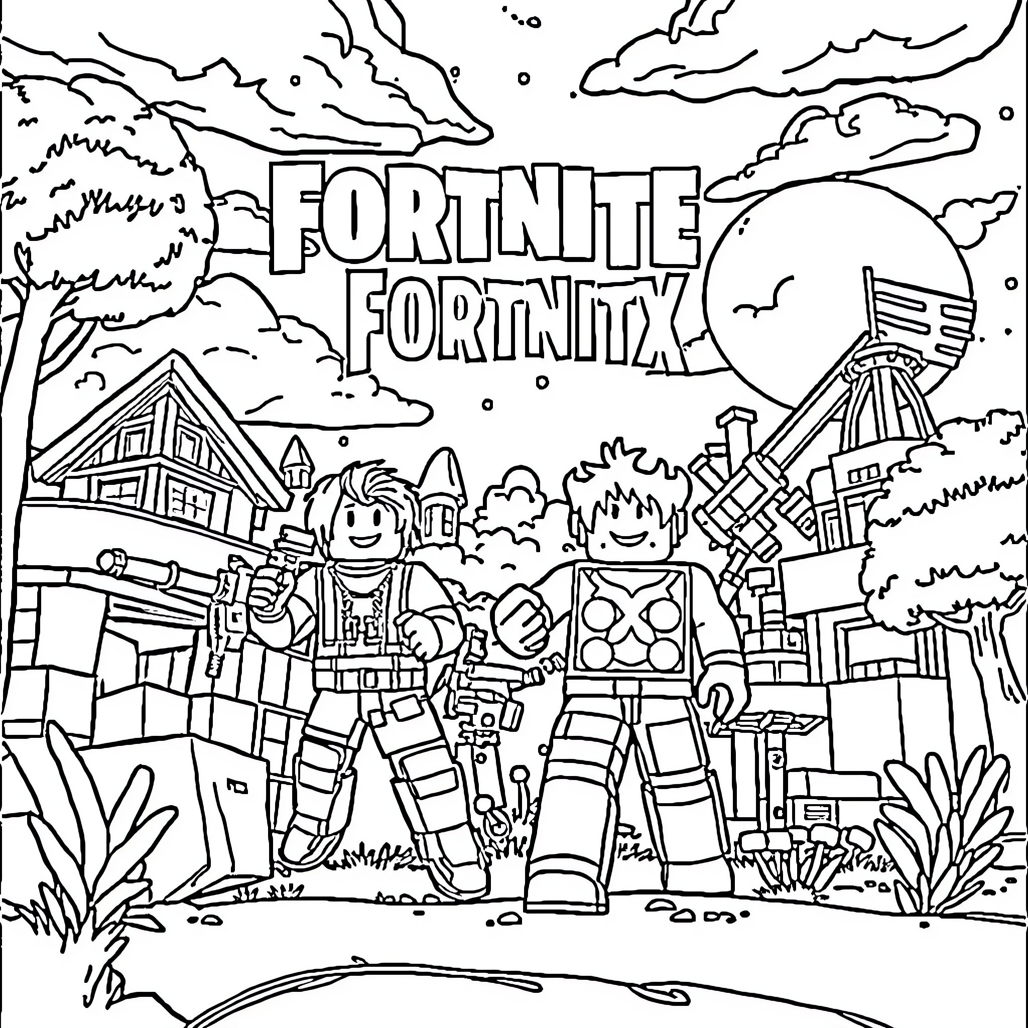 Fortnite Fortnitx: Characters in Fortnite Battle Royale Coloring Page (free black-and-white line drawing printable PDF for all, from beginners to advanced learners, including children, teens, adults, and seniors)