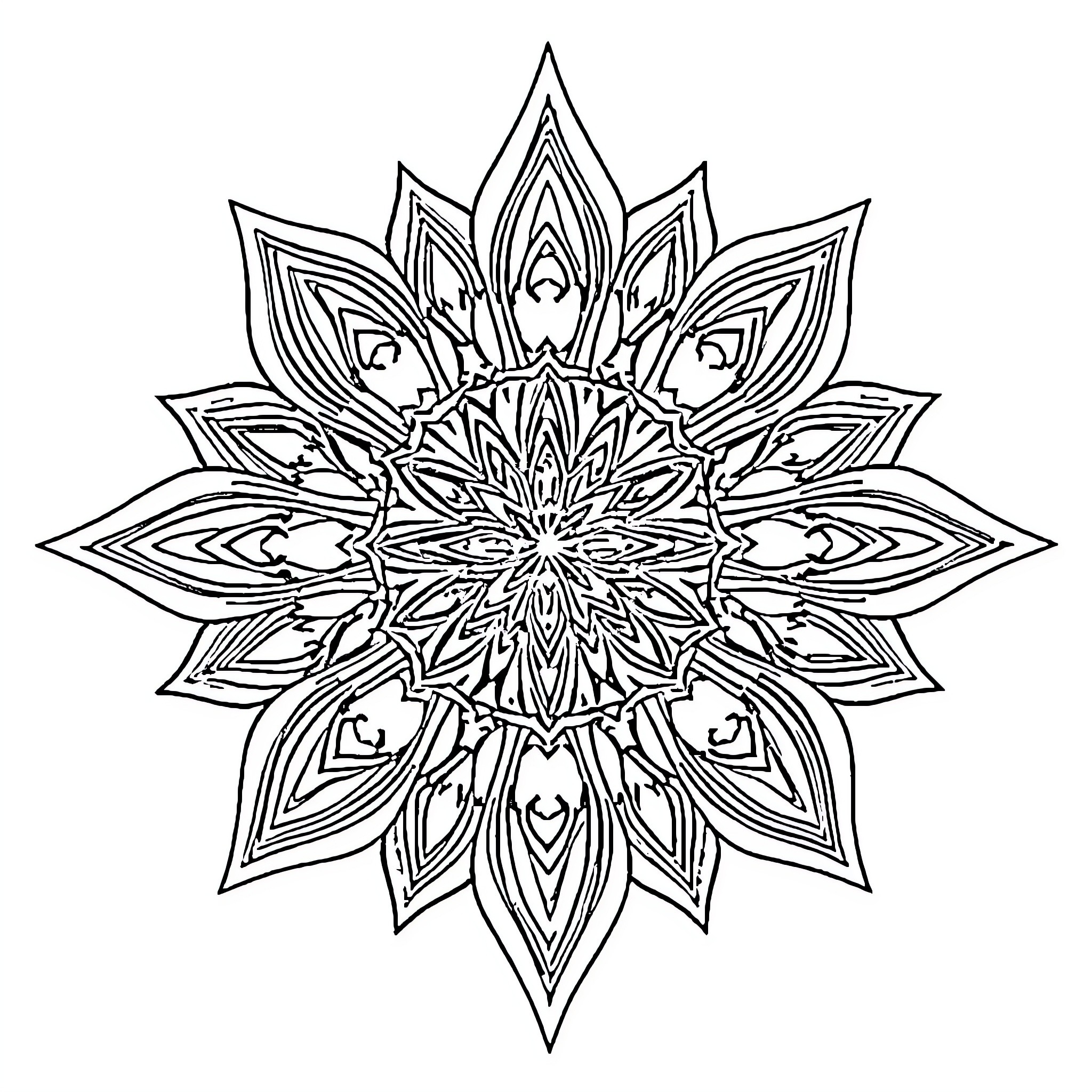 Star Mandala Pattern of Intricate Symmetry Coloring Page (free black-and-white line drawing printable PDF for all, from beginners to advanced learners, including children, teens, adults, and seniors)