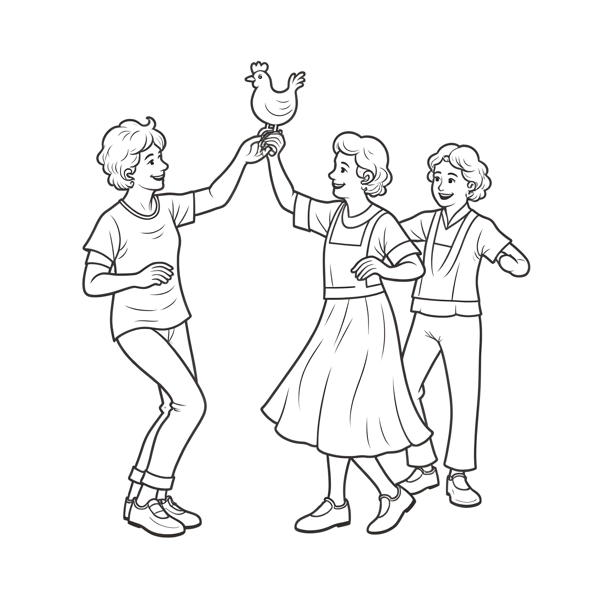 Old People Dancing Together Joyfully Coloring Page (free black-and-white line drawing printable PDF for all, from beginners to advanced learners, including children, teens, adults, and seniors)