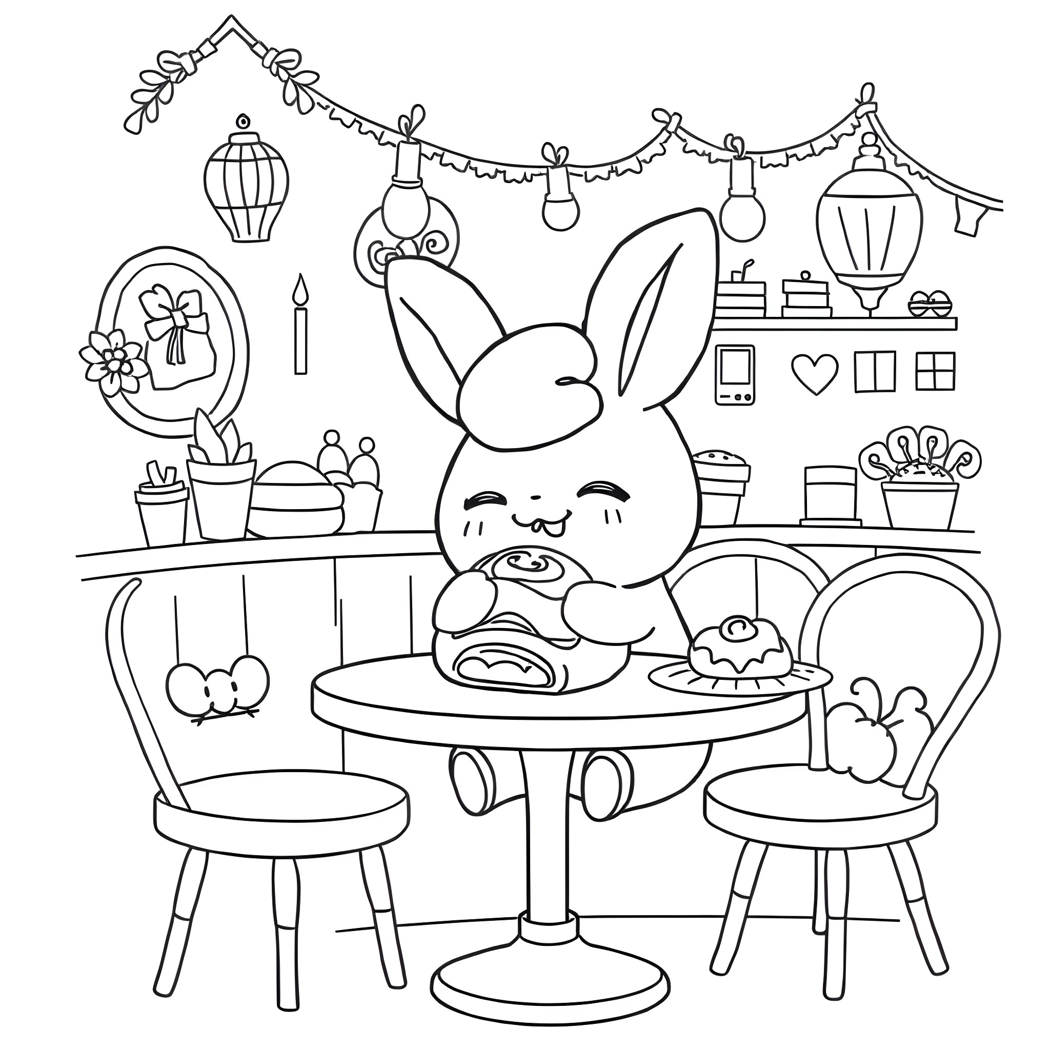 Cinnamoroll enjoying a cozy cafe setting Coloring Page (free black-and-white line drawing printable PDF for all, from beginners to advanced learners, including children, teens, adults, and seniors)