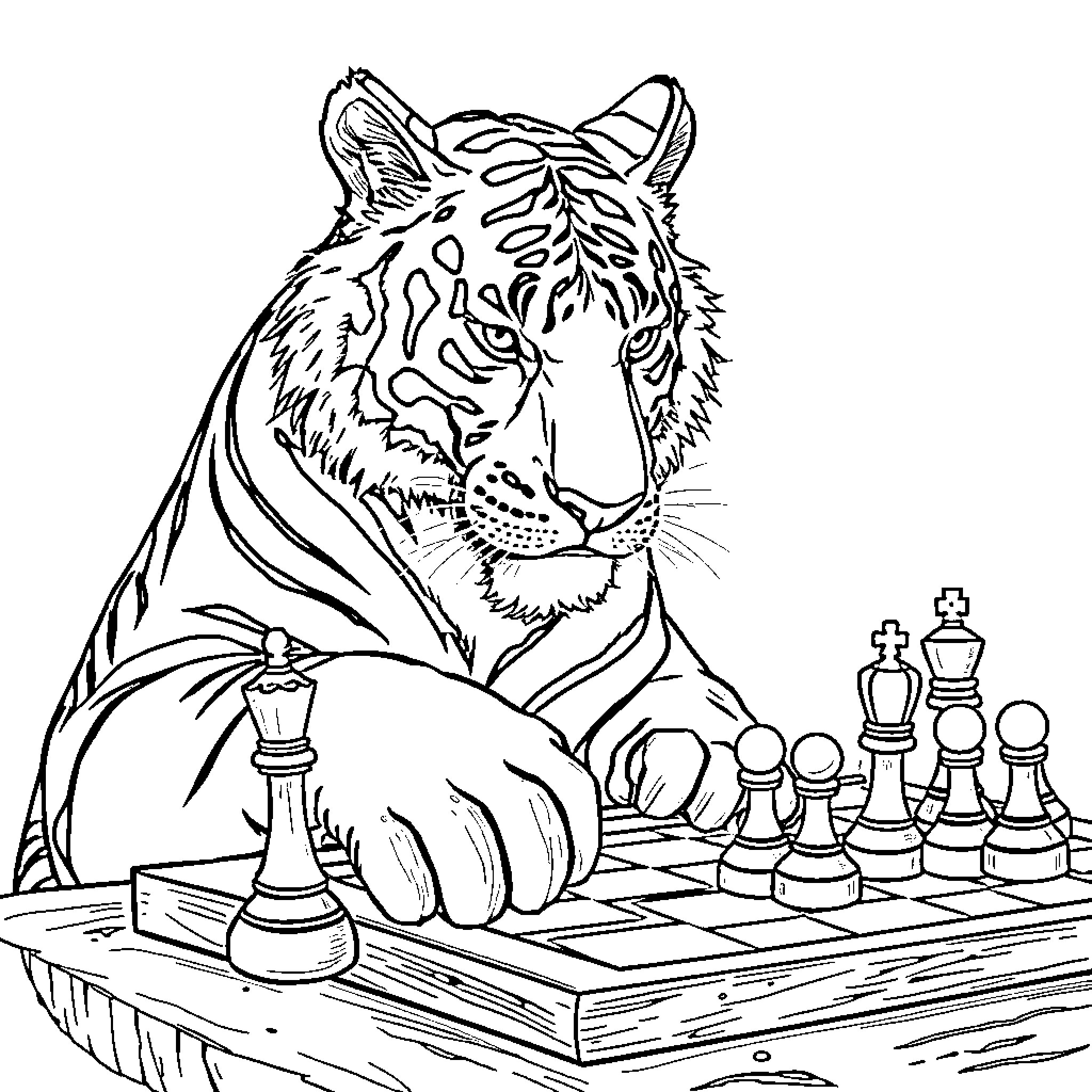 Tiger playing chess strategically on board Coloring Page (free black-and-white line drawing printable PDF for all, from beginners to advanced learners, including children, teens, adults, and seniors)