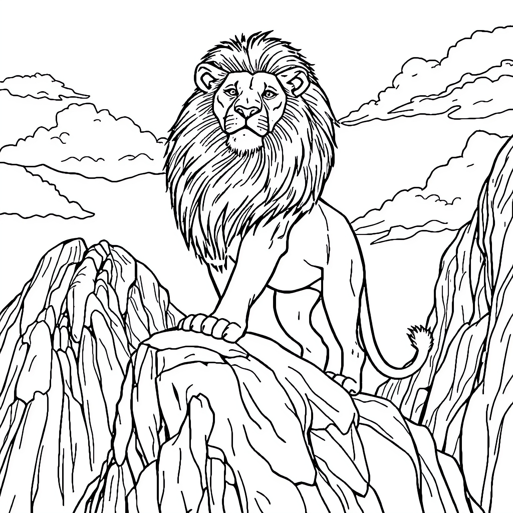 Lion Majestic on Mountain Landscape Coloring Page (free black-and-white line drawing printable PDF for all, from beginners to advanced learners, including children, teens, adults, and seniors)
