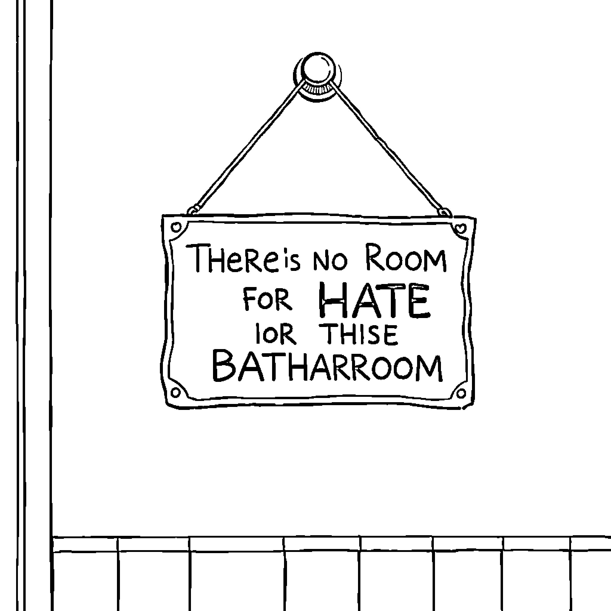 Bathroom Sign with Motivational Message Coloring Page (free black-and-white line drawing printable PDF for all, from beginners to advanced learners, including children, teens, adults, and seniors)