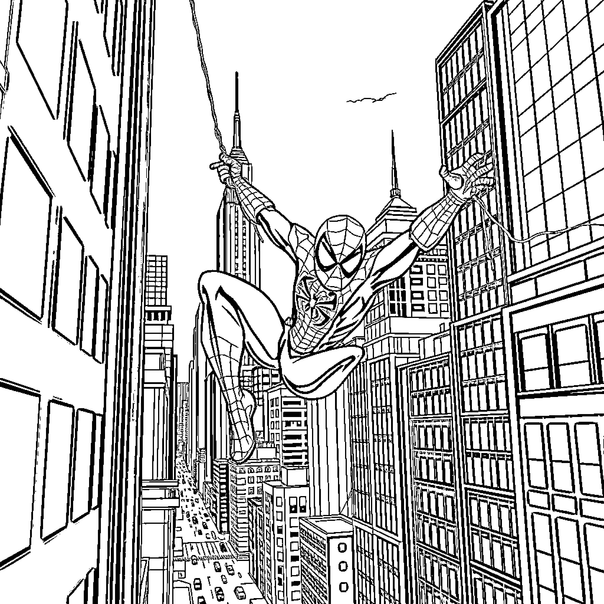 Spiderman swinging through the city skyline Coloring Page (free black-and-white line drawing printable PDF for all, from beginners to advanced learners, including children, teens, adults, and seniors)