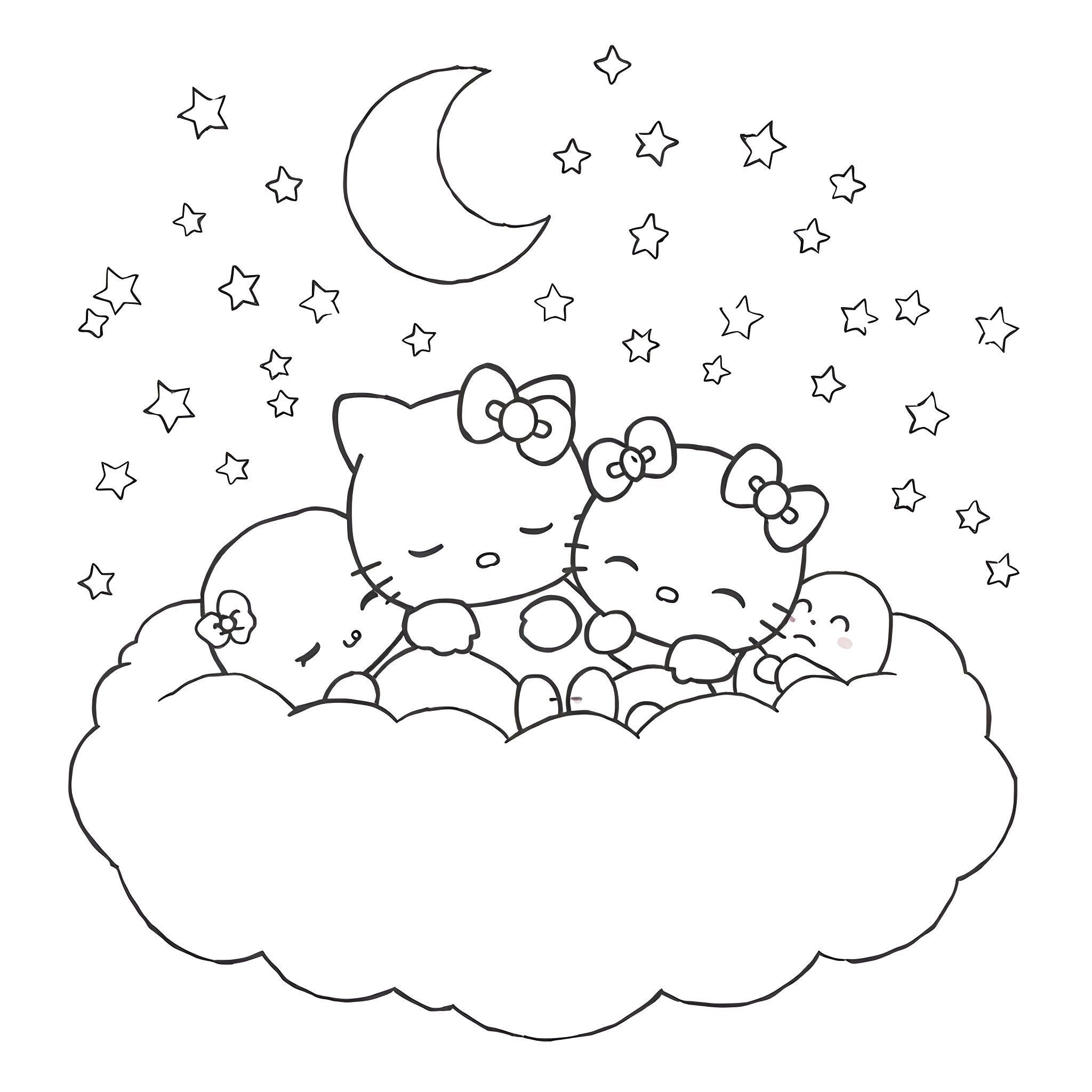 Sanrio Character resting on a cloud with stars Coloring Page (free black-and-white line drawing printable PDF for all, from beginners to advanced learners, including children, teens, adults, and seniors)