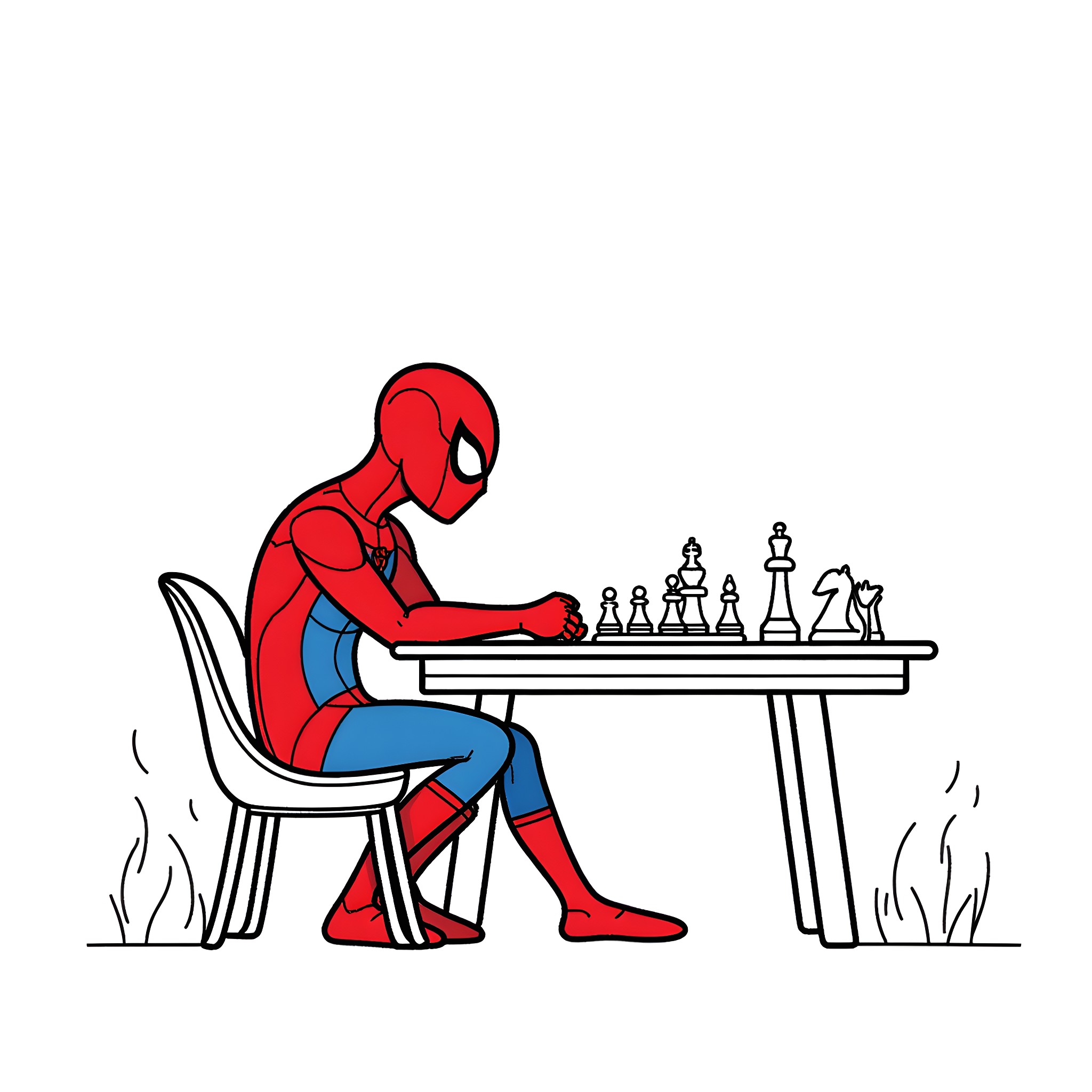 Spiderman playing chess with chess pieces Coloring Page (free black-and-white line drawing printable PDF for all, from beginners to advanced learners, including children, teens, adults, and seniors)