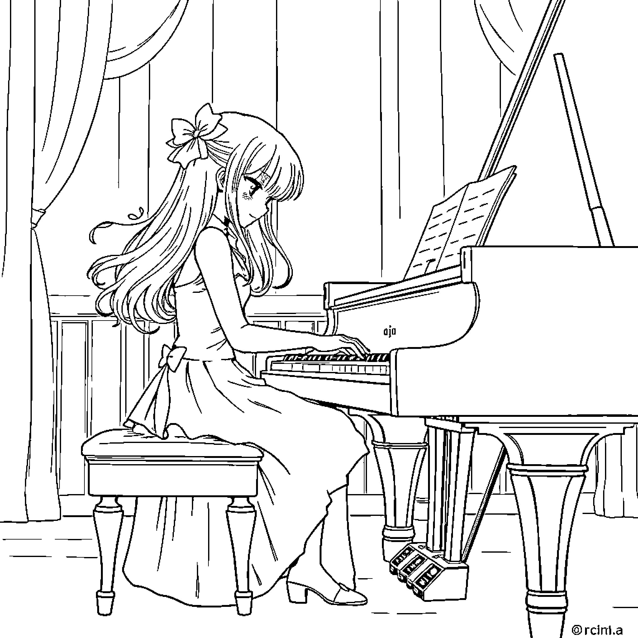 KORUMI girl playing grand piano on a stage Coloring Page (free black-and-white line drawing printable PDF for all, from beginners to advanced learners, including children, teens, adults, and seniors)