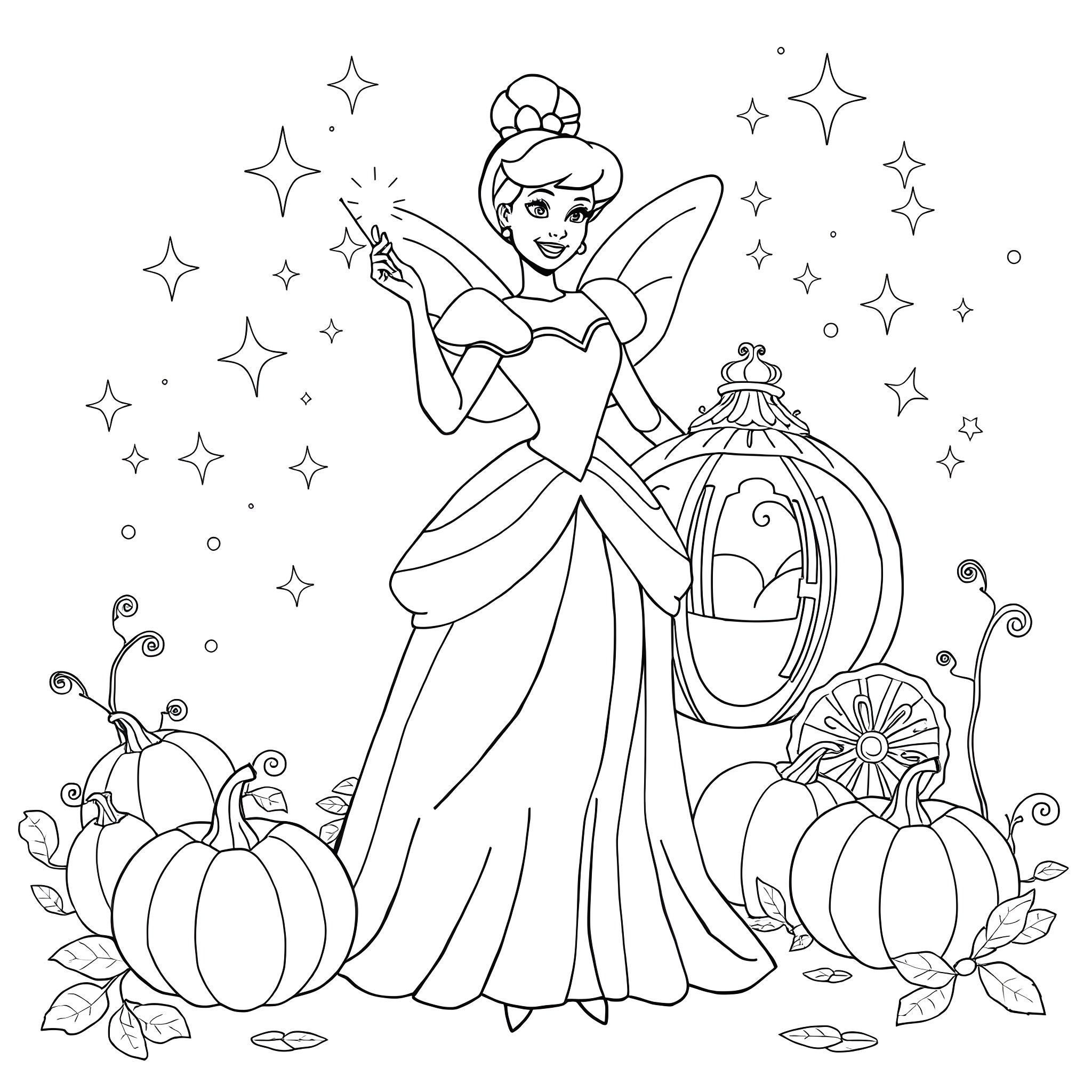 Fairy Godmother casting a magical spell Coloring Page (free black-and-white line drawing printable PDF for all, from beginners to advanced learners, including children, teens, adults, and seniors)