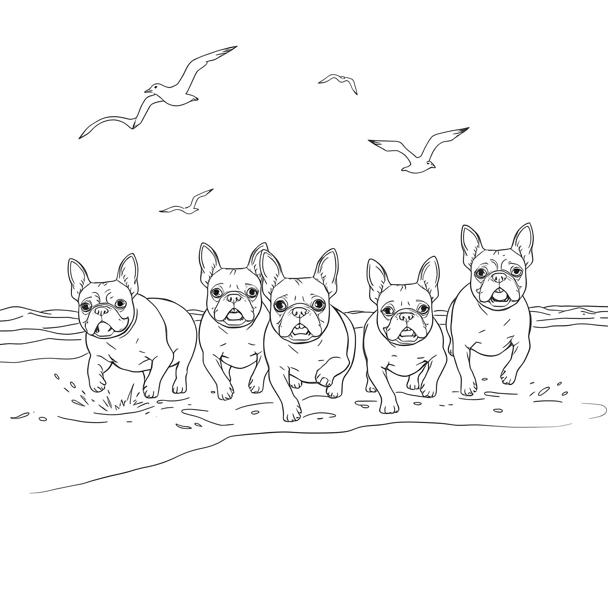French Bulldogs playing happily on the beach Coloring Page (free black-and-white line drawing printable PDF for all, from beginners to advanced learners, including children, teens, adults, and seniors)