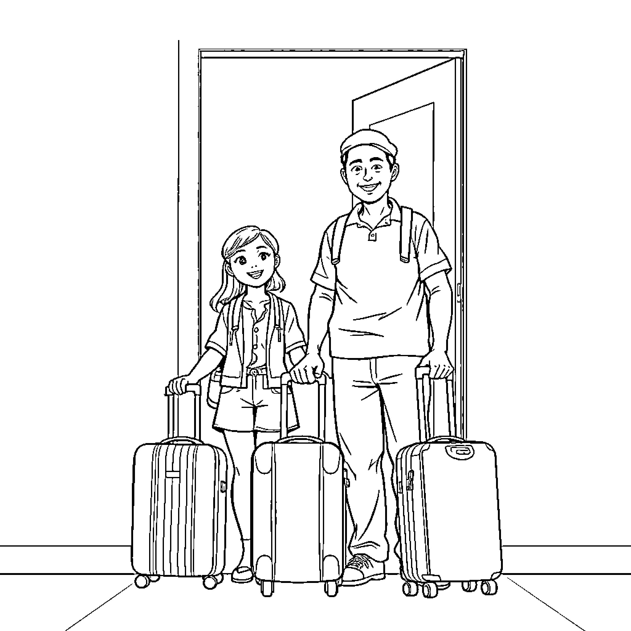 Woman and man with luggage at doorway Coloring Page (free black-and-white line drawing printable PDF for all, from beginners to advanced learners, including children, teens, adults, and seniors)