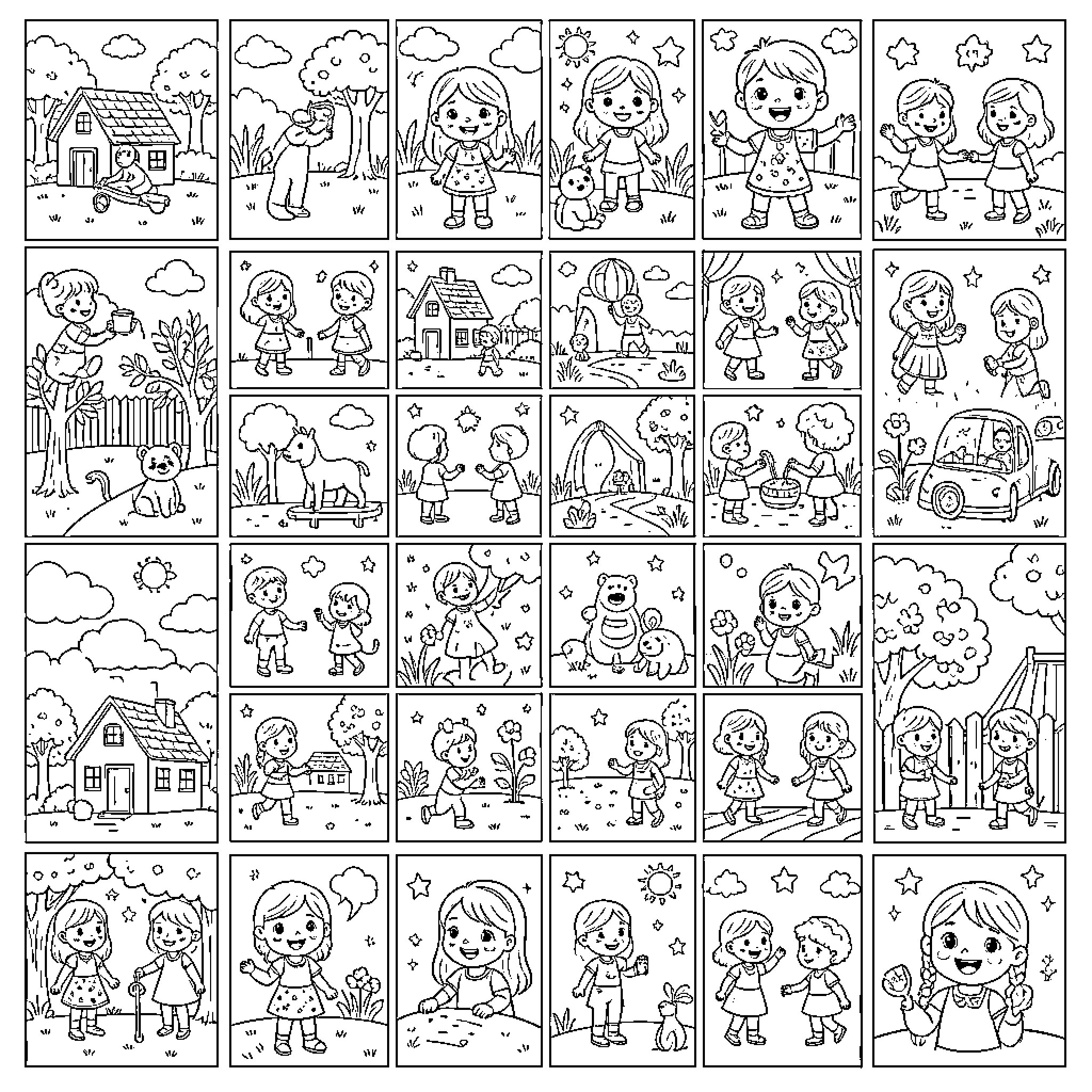 Girl engaging in various playful outdoor activities Coloring Page (free black-and-white line drawing printable PDF for all, from beginners to advanced learners, including children, teens, adults, and seniors)