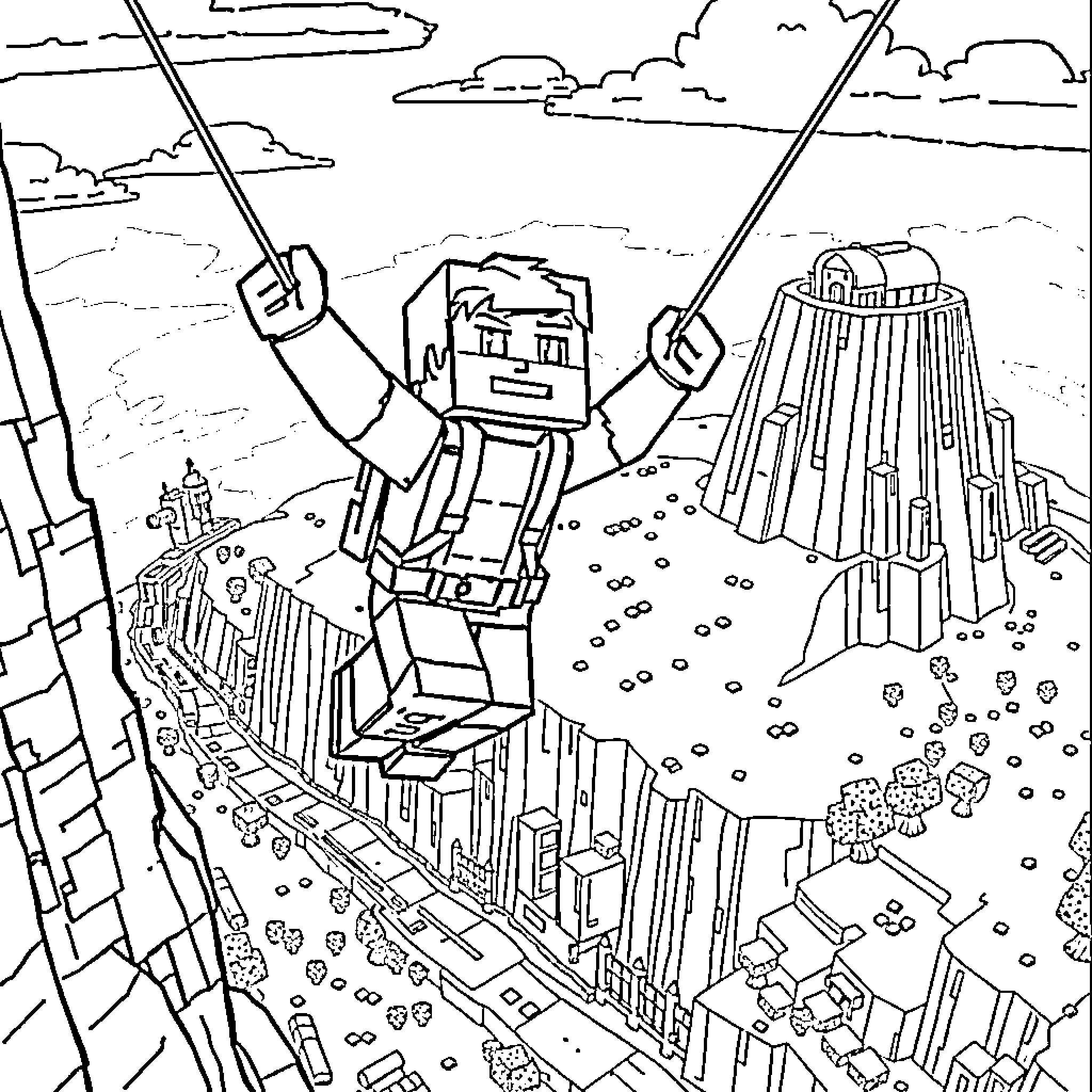 Steve's Adventurous Exploration in the Minecraft World Coloring Page (free black-and-white line drawing printable PDF for all, from beginners to advanced learners, including children, teens, adults, and seniors)