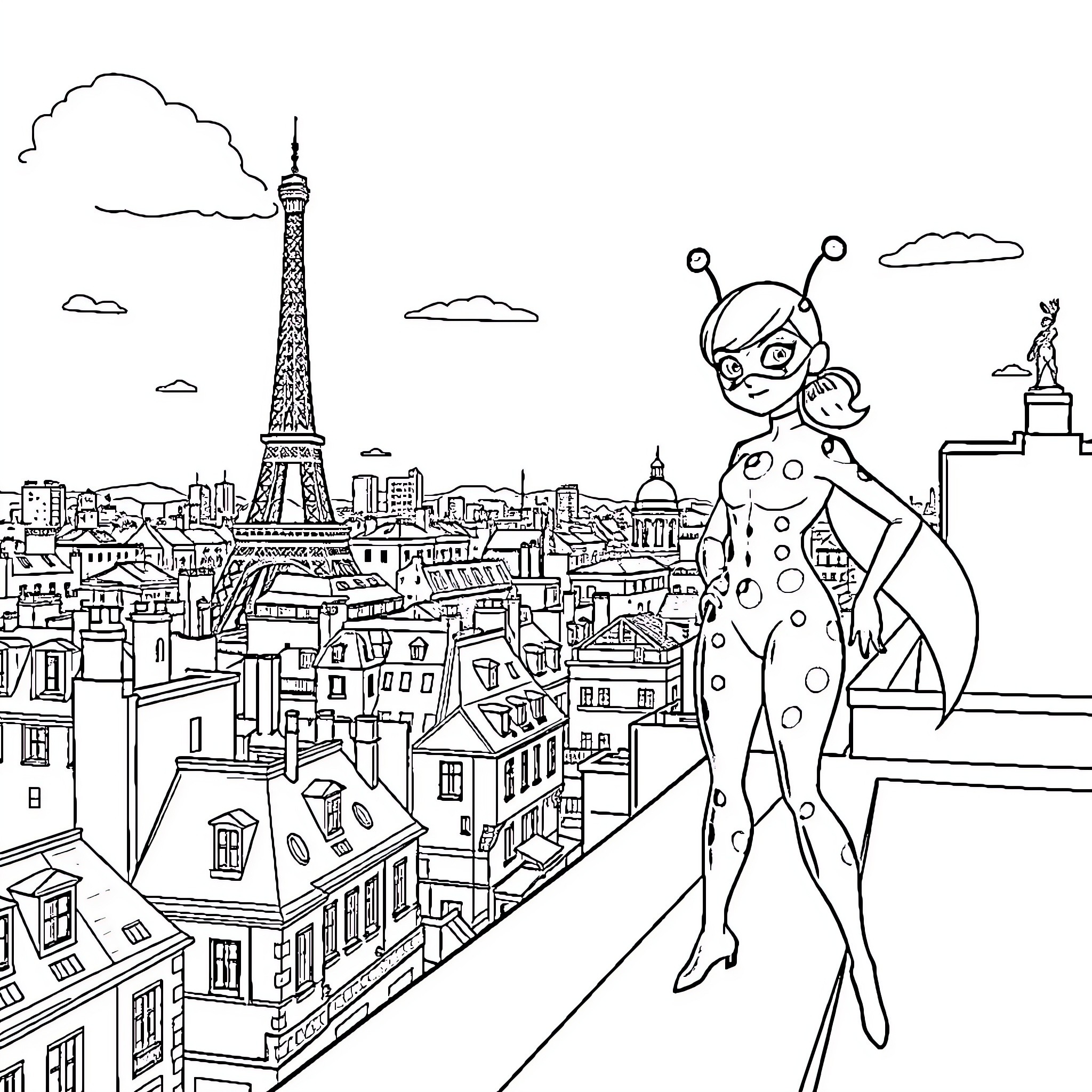 Ladybug exploring the whimsical streets of Paris Coloring Page (free black-and-white line drawing printable PDF for all, from beginners to advanced learners, including children, teens, adults, and seniors)