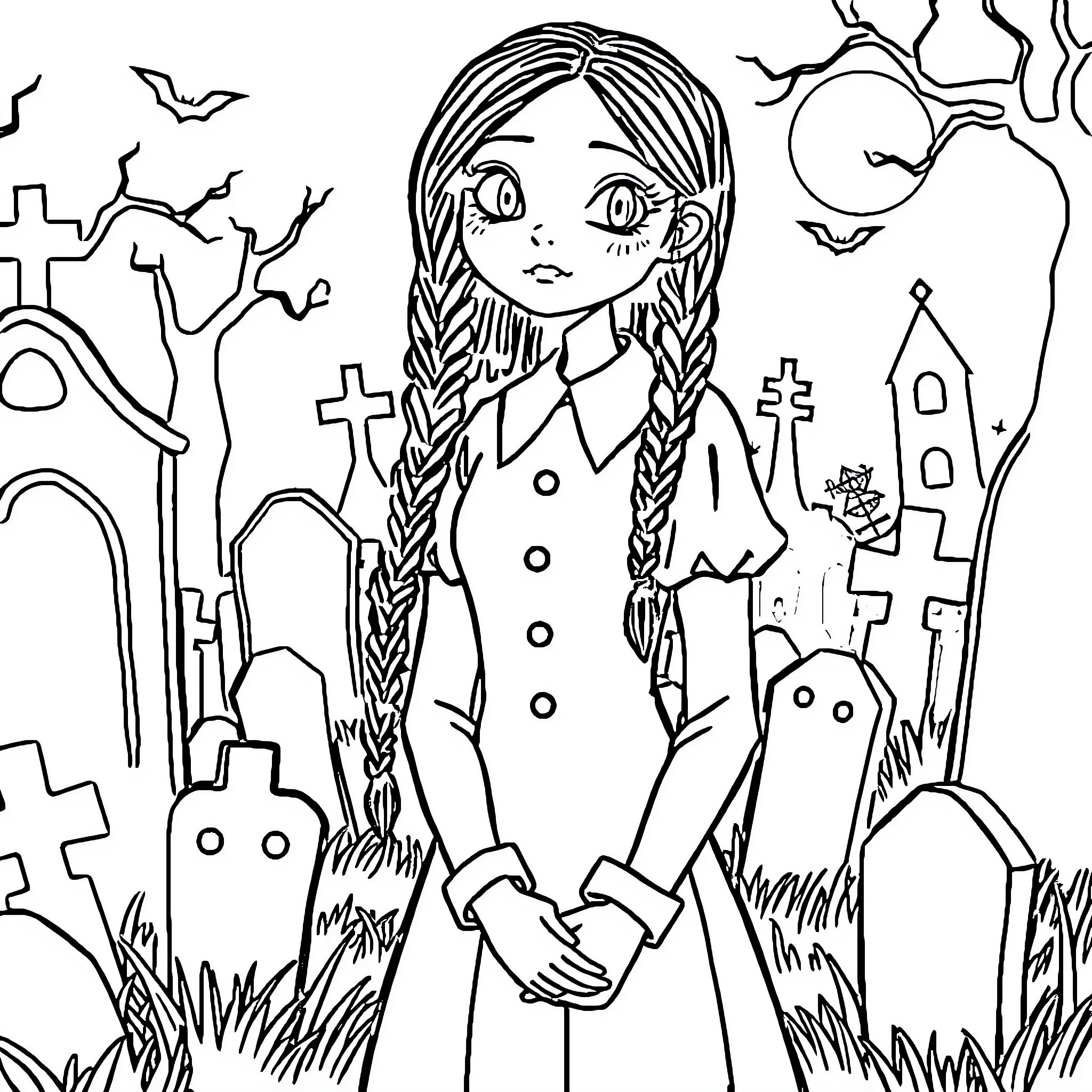 Wednesday Addams in the Eerie Graveyard Coloring Page (free black-and-white line drawing printable PDF for all, from beginners to advanced learners, including children, teens, adults, and seniors)