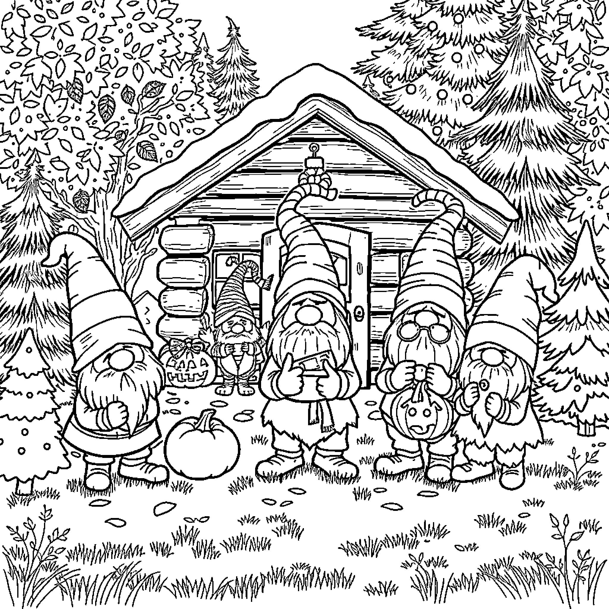 Yard Gnomes Enjoying the Autumn Scenery Coloring Page (free black-and-white line drawing printable PDF for all, from beginners to advanced learners, including children, teens, adults, and seniors)