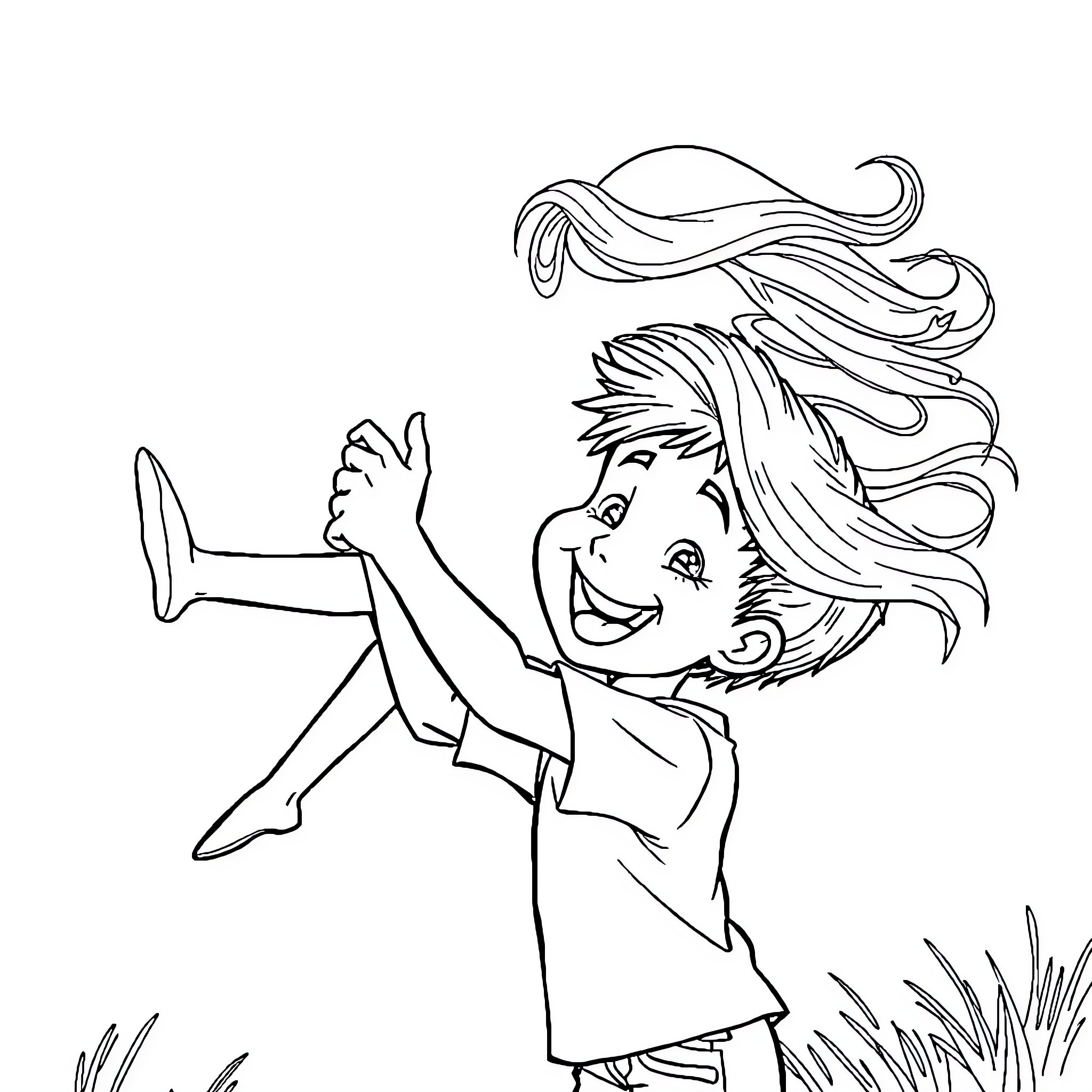 Boy playing joyfully in the grass Coloring Page (free black-and-white line drawing printable PDF for all, from beginners to advanced learners, including children, teens, adults, and seniors)