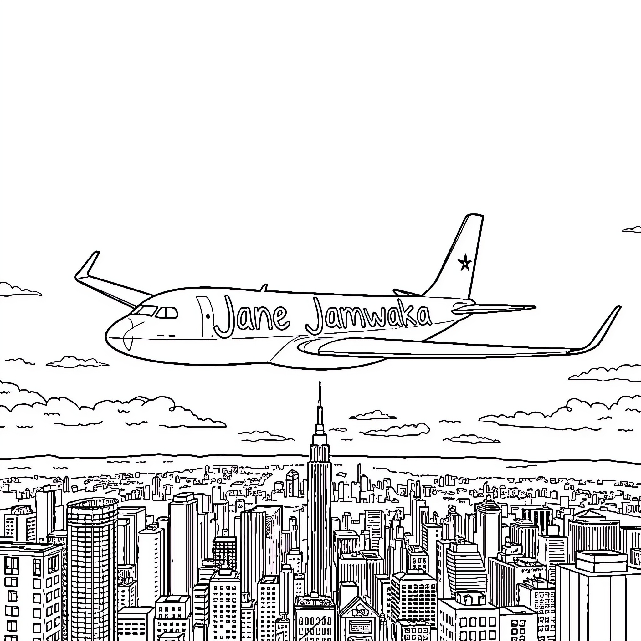 Plane soaring over a bustling cityscape Coloring Page (free black-and-white line drawing printable PDF for all, from beginners to advanced learners, including children, teens, adults, and seniors)