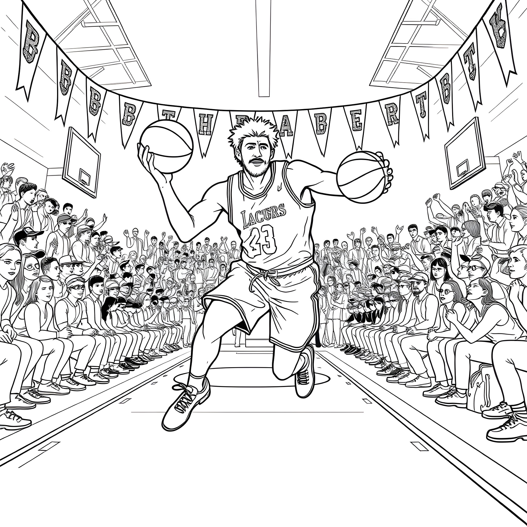 Brett Hart's Basketball Dunk in a Crowded Stadium Coloring Page (free black-and-white line drawing printable PDF for all, from beginners to advanced learners, including children, teens, adults, and seniors)