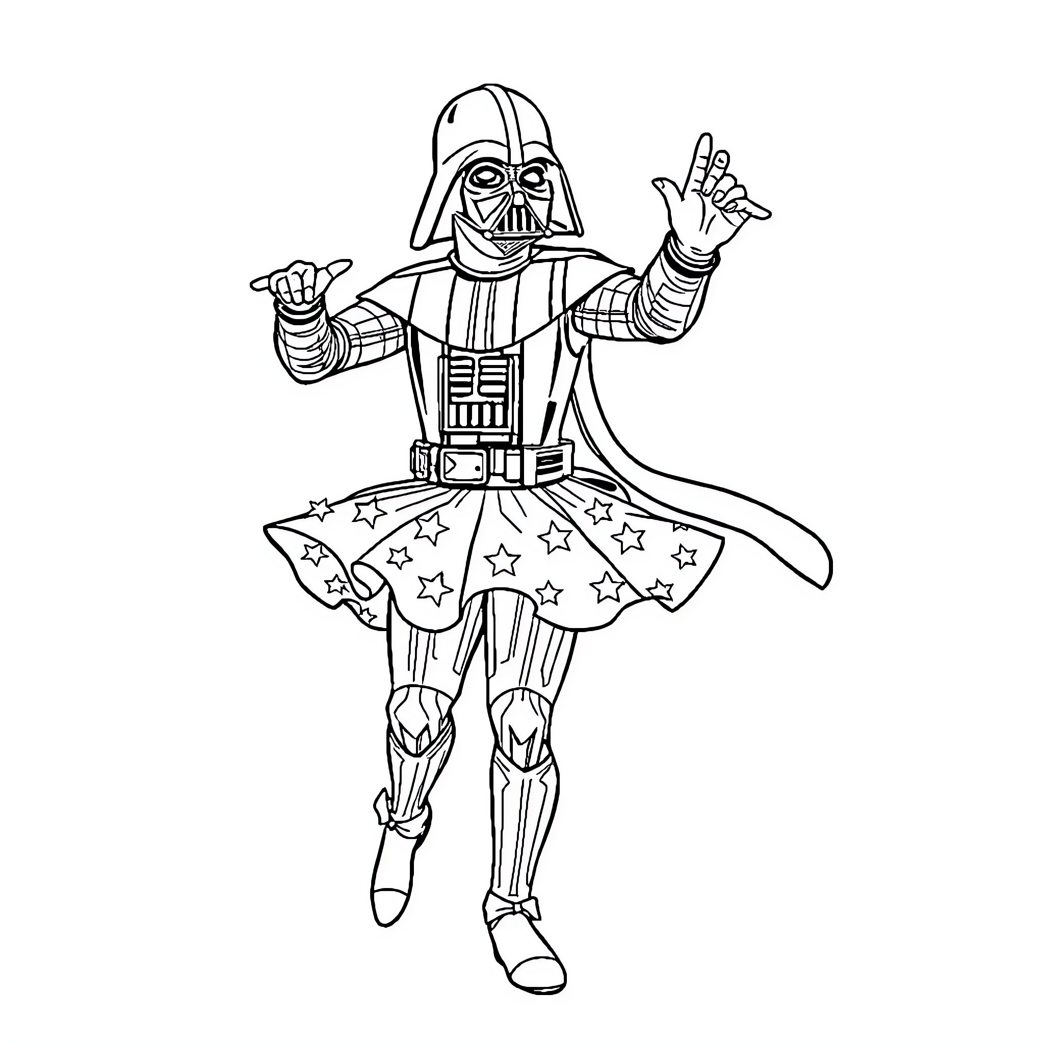 Darth Vader in a whimsical dance pose Coloring Page (free black-and-white line drawing printable PDF for all, from beginners to advanced learners, including children, teens, adults, and seniors)