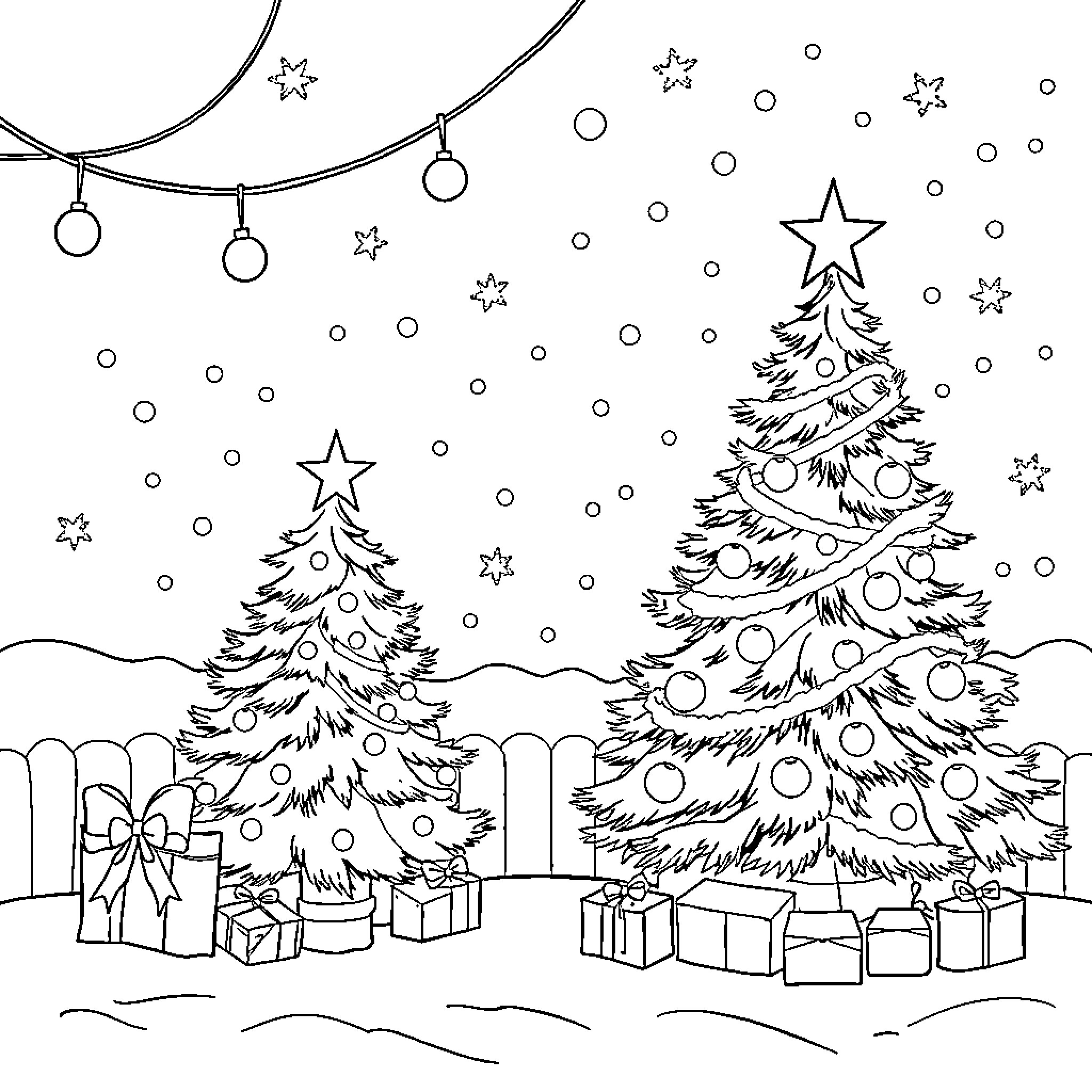 Christmas scene with decorated trees and presents Coloring Page (free black-and-white line drawing printable PDF for all, from beginners to advanced learners, including children, teens, adults, and seniors)
