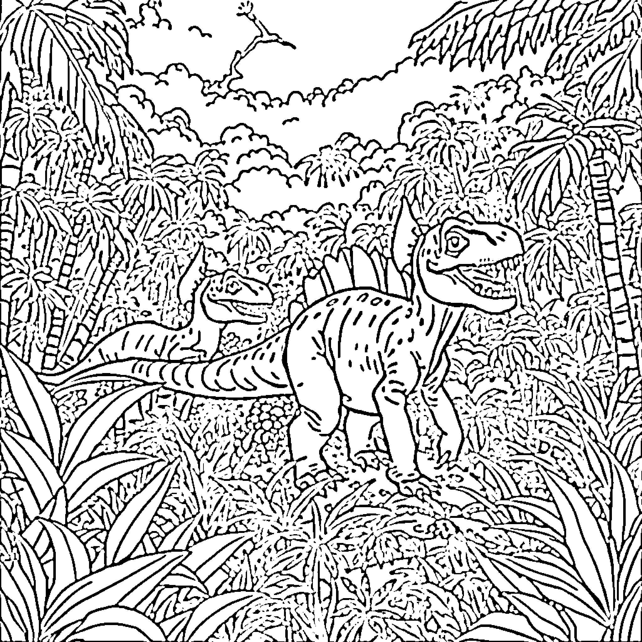 Dinosaurs roaming the lush, prehistoric landscape Coloring Page (free black-and-white line drawing printable PDF for all, from beginners to advanced learners, including children, teens, adults, and seniors)