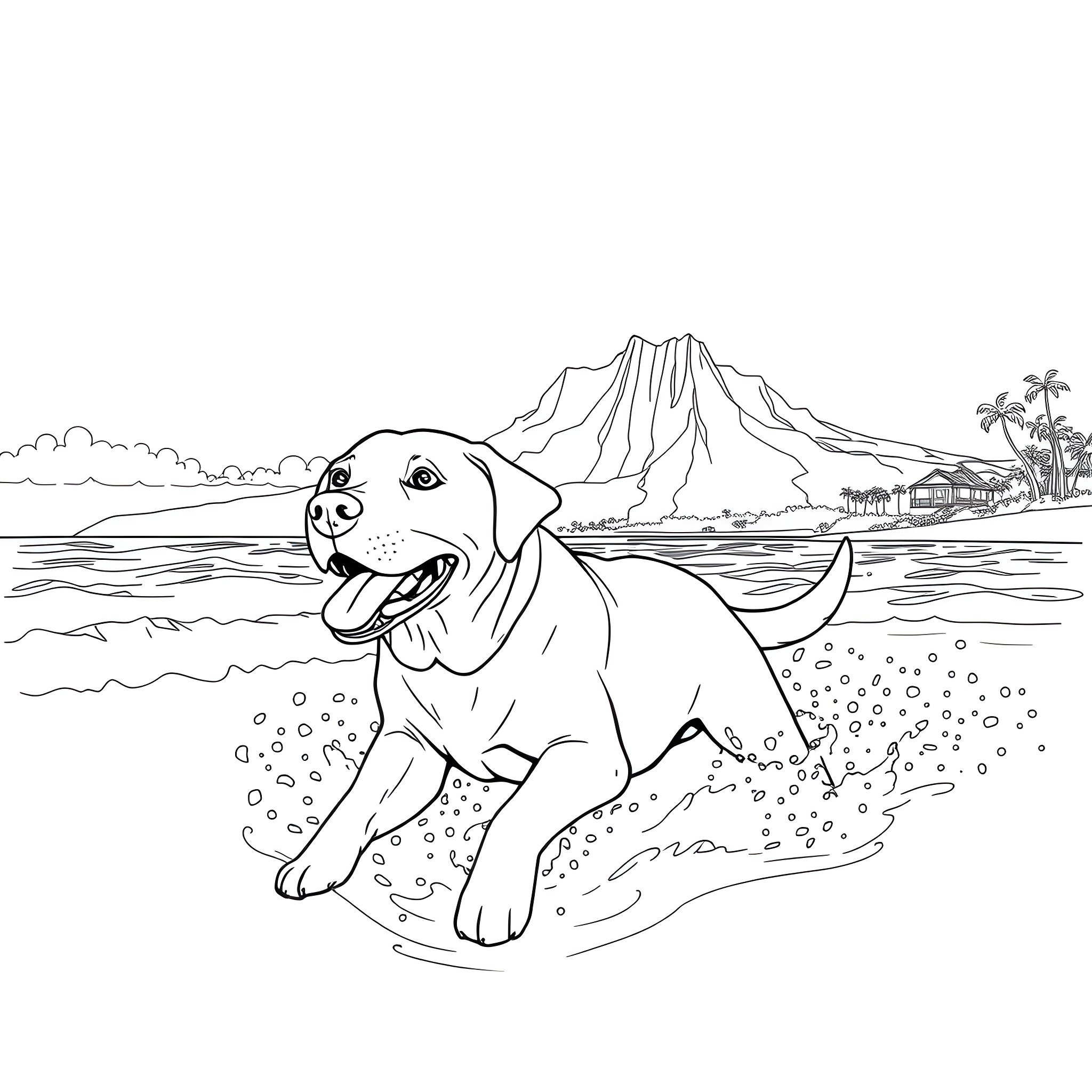 Labrador enjoying a beach day Coloring Page (free black-and-white line drawing printable PDF for all, from beginners to advanced learners, including children, teens, adults, and seniors)