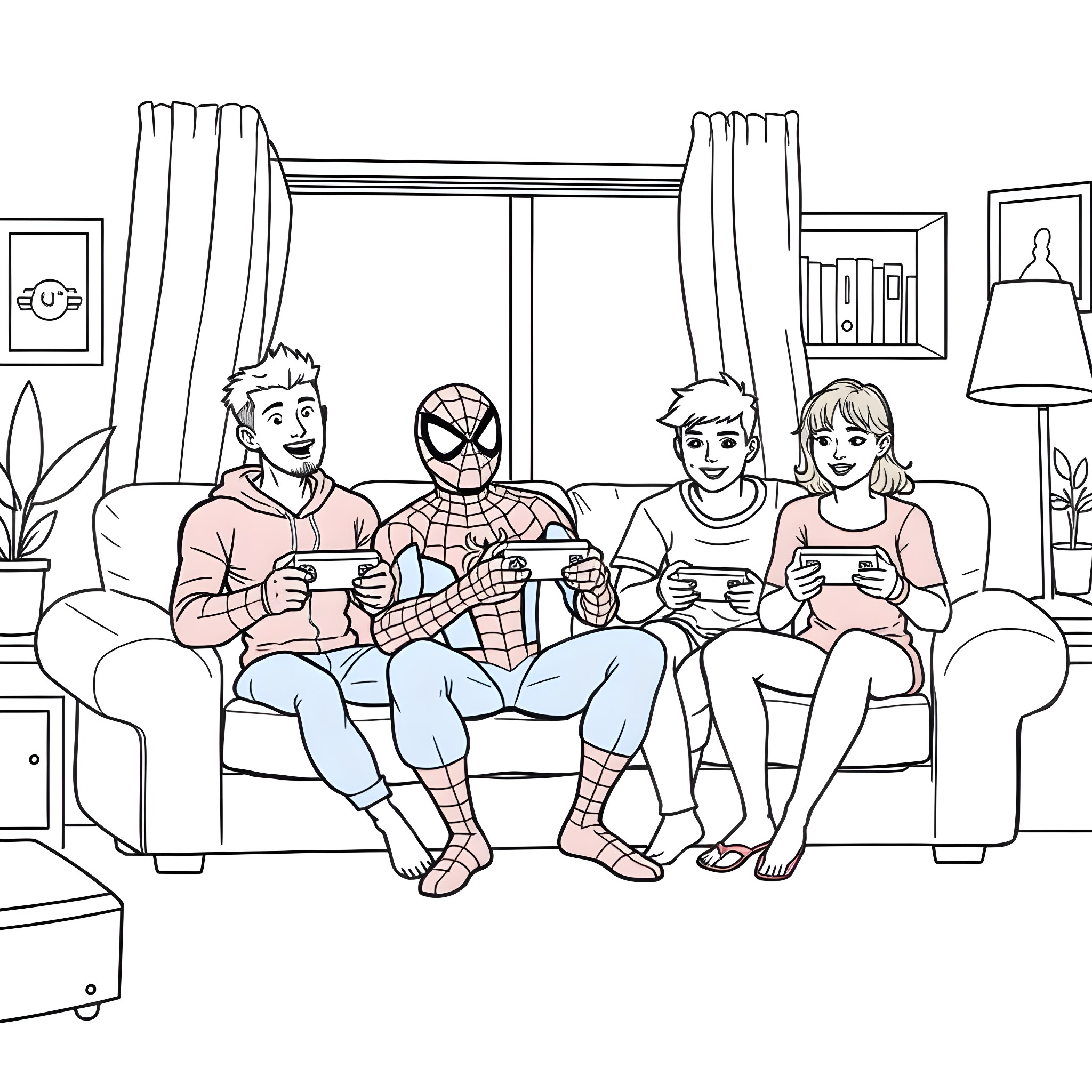 Spider-Man and friends playing video games together Coloring Page (free black-and-white line drawing printable PDF for all, from beginners to advanced learners, including children, teens, adults, and seniors)