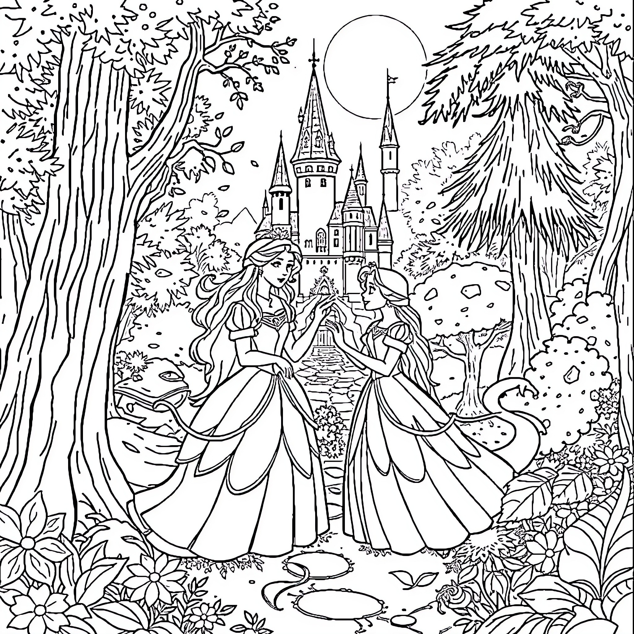 Rapunzel and her friend exploring the enchanted forest near the castle Coloring Page (free black-and-white line drawing printable PDF for all, from beginners to advanced learners, including children, teens, adults, and seniors)