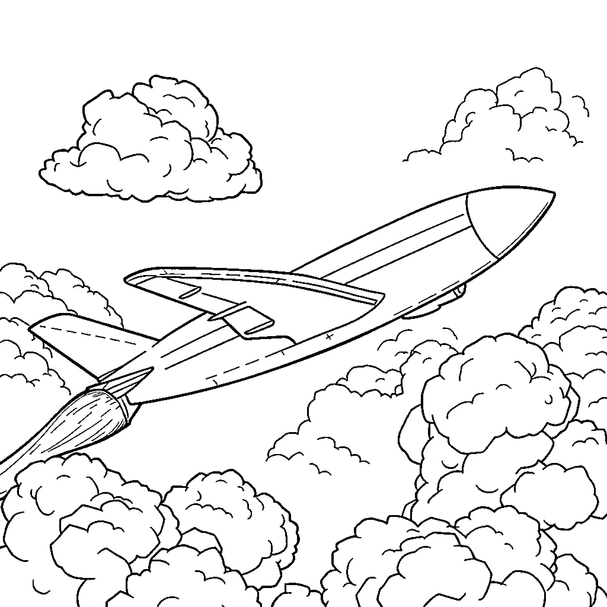 Airplane soaring through clouds in the sky Coloring Page (free black-and-white line drawing printable PDF for all, from beginners to advanced learners, including children, teens, adults, and seniors)