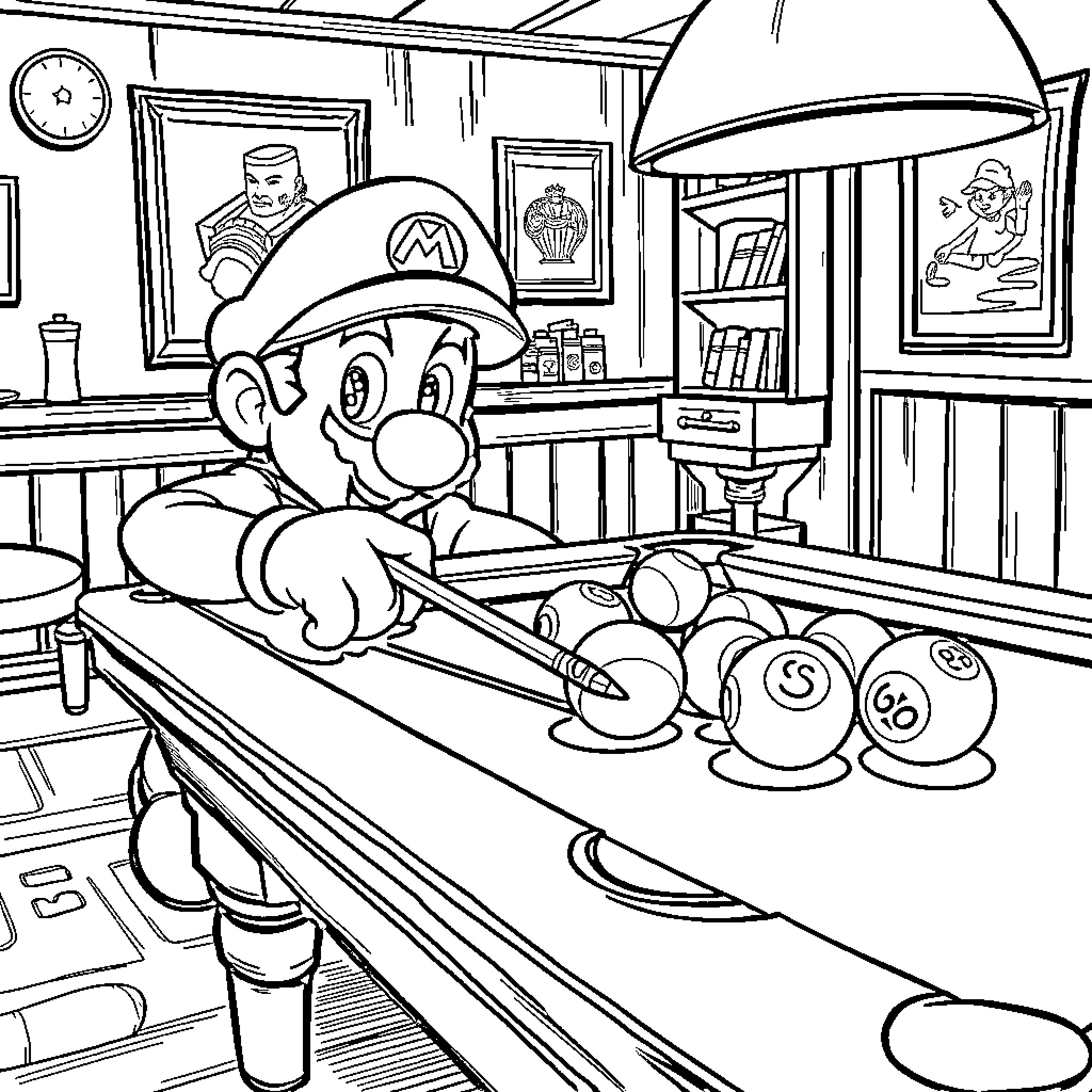 Mario working diligently at his workbench Coloring Page (free black-and-white line drawing printable PDF for all, from beginners to advanced learners, including children, teens, adults, and seniors)