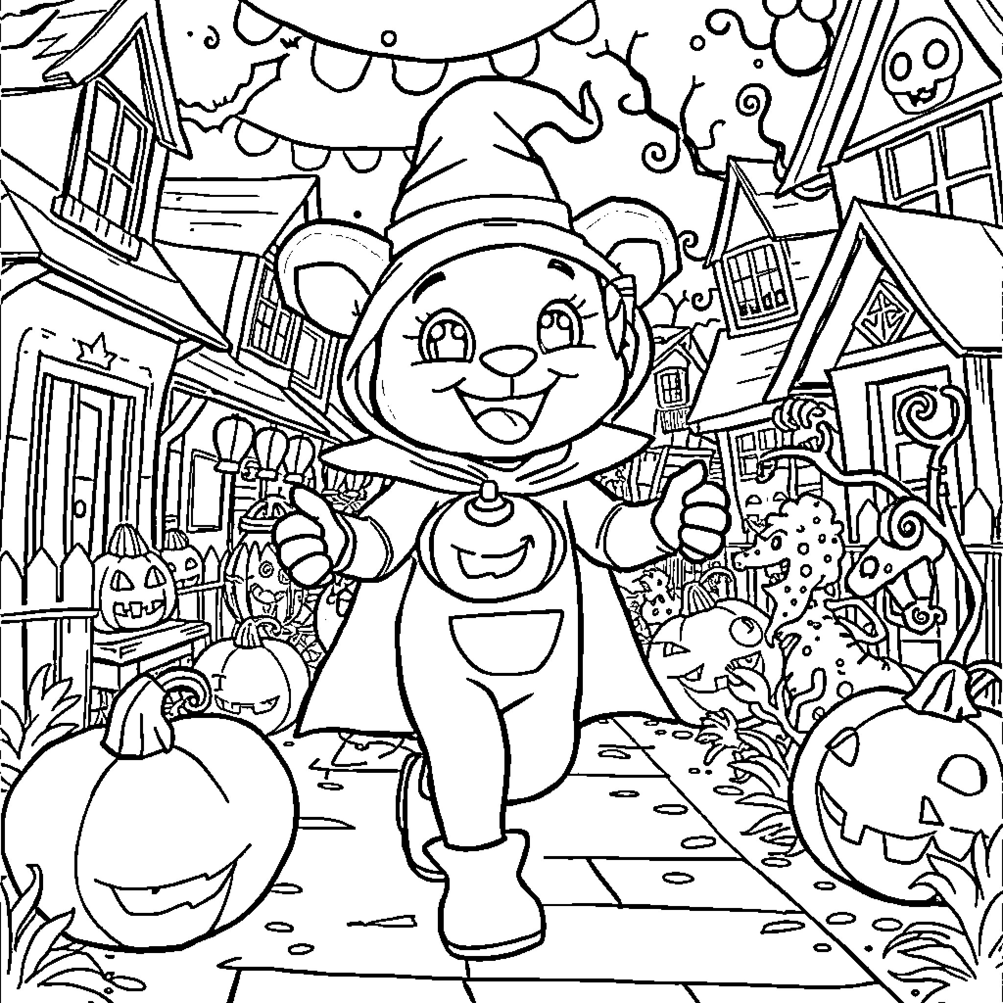 Bluey Celebrates a Spooky Halloween Adventure Coloring Page (free black-and-white line drawing printable PDF for all, from beginners to advanced learners, including children, teens, adults, and seniors)